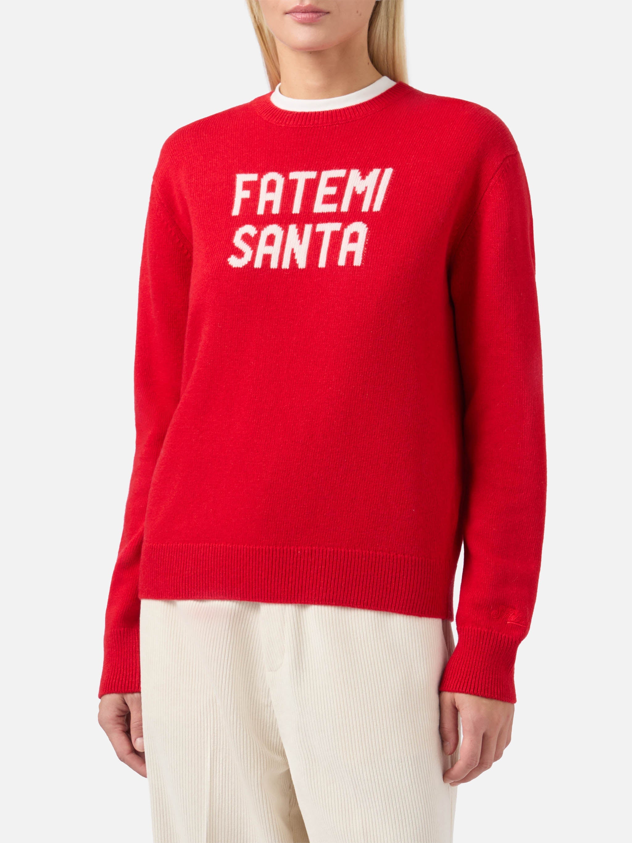 New Queen Cashmere-Blend Sweater Red With Fatemi Santa Jacquard