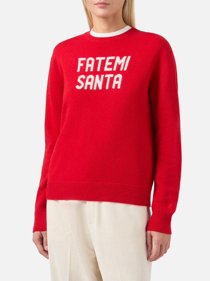 New Queen Cashmere-Blend Sweater Red With Fatemi Santa Jacquard