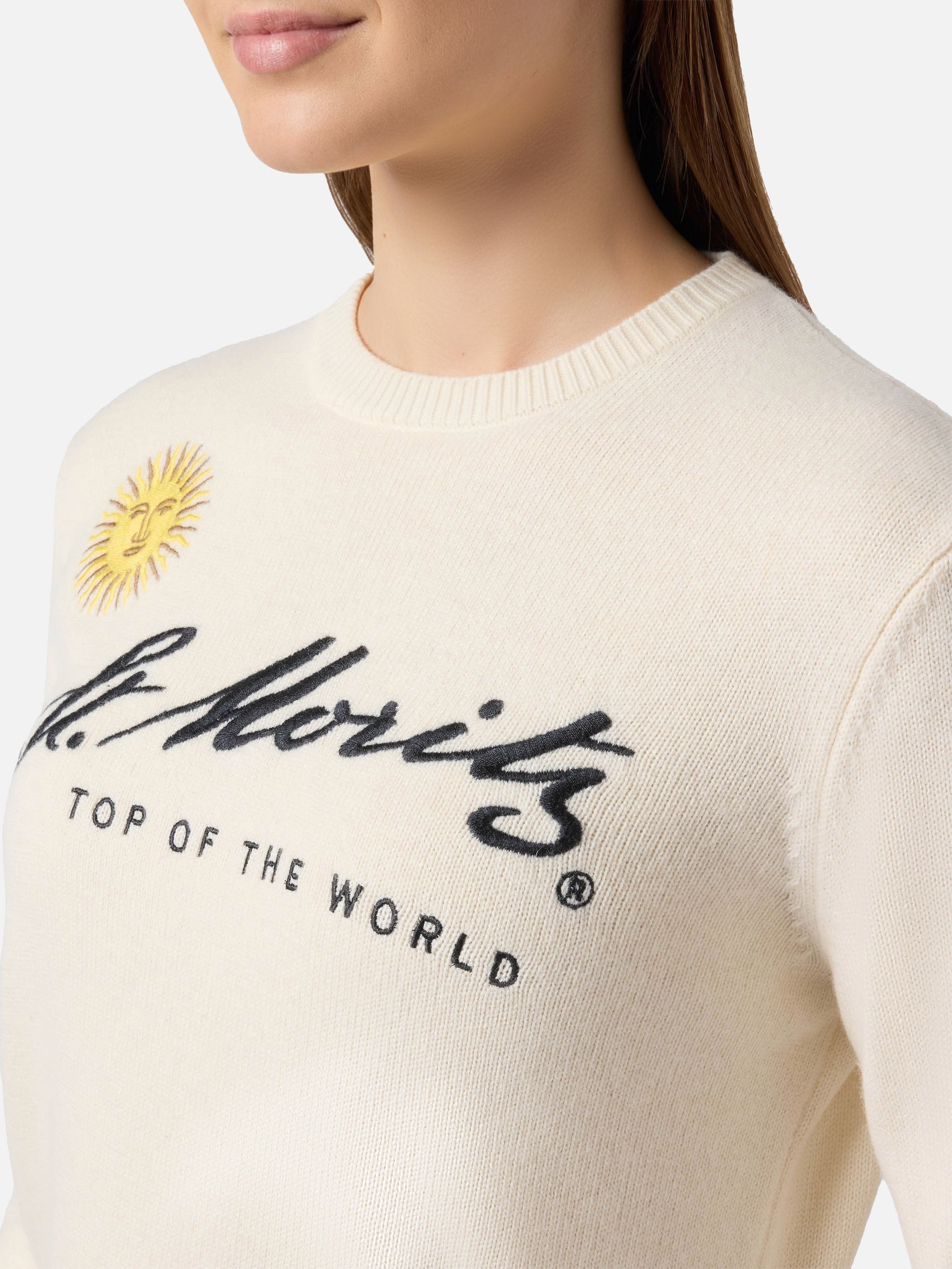 New Queen Cashmere-Blend Sweater In White With St. Moritz Embroidery | Top Of The World Special Edition __single__ Knitwear