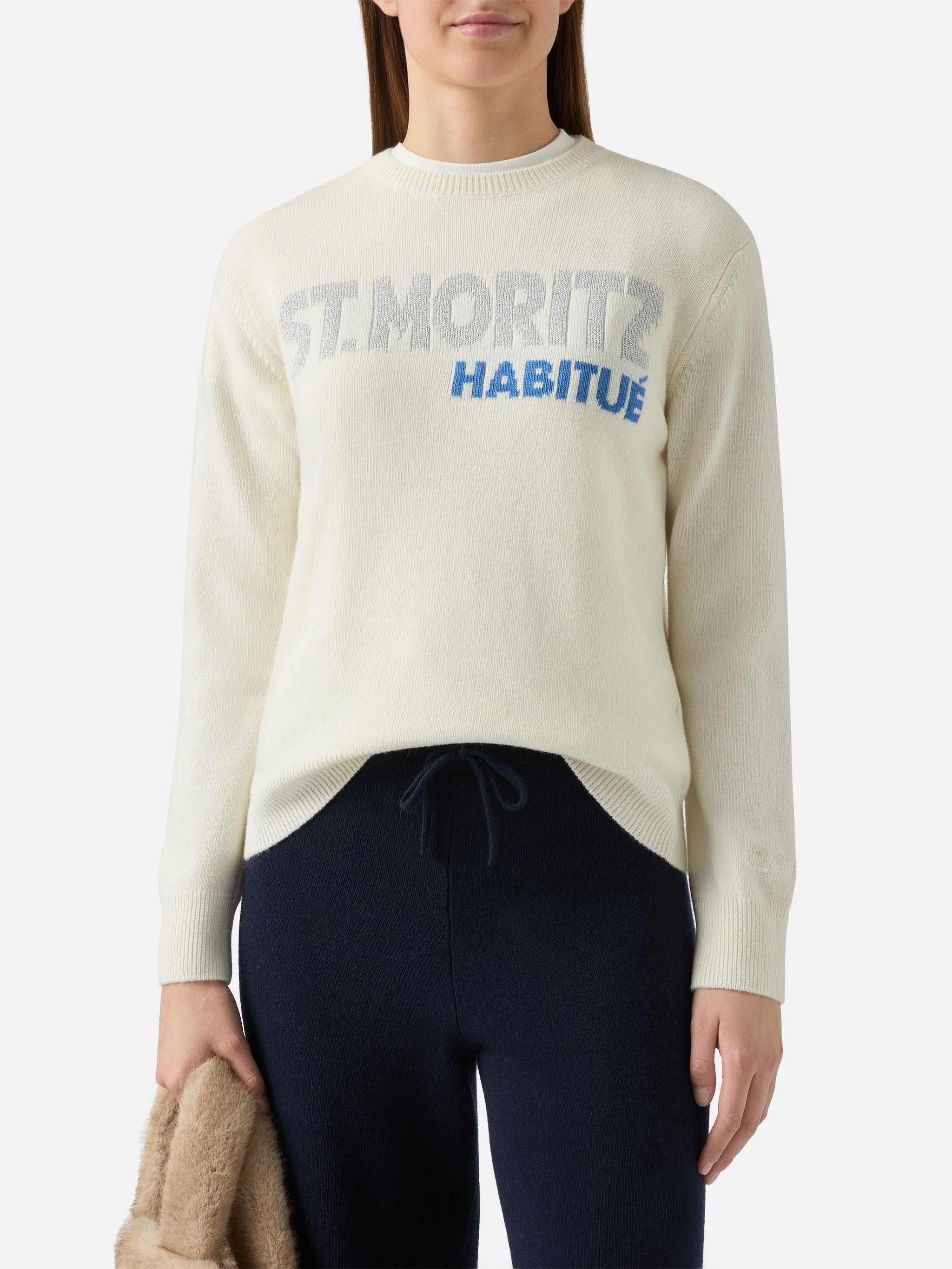 New Queen Crewneck With St. Moritz Habituè Lurex Jacquard White