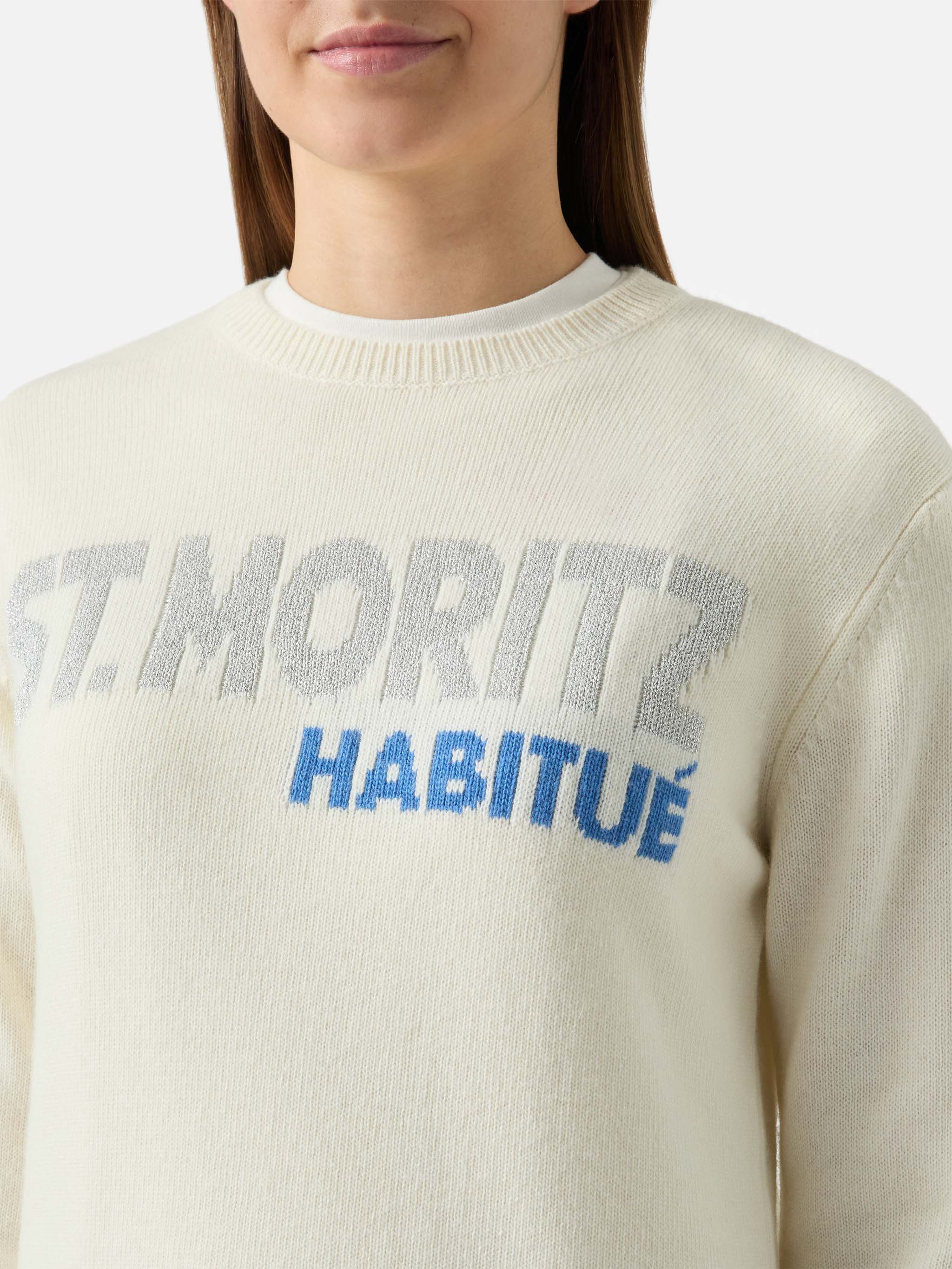 New Queen Crewneck With St. Moritz Habituè Lurex Jacquard White