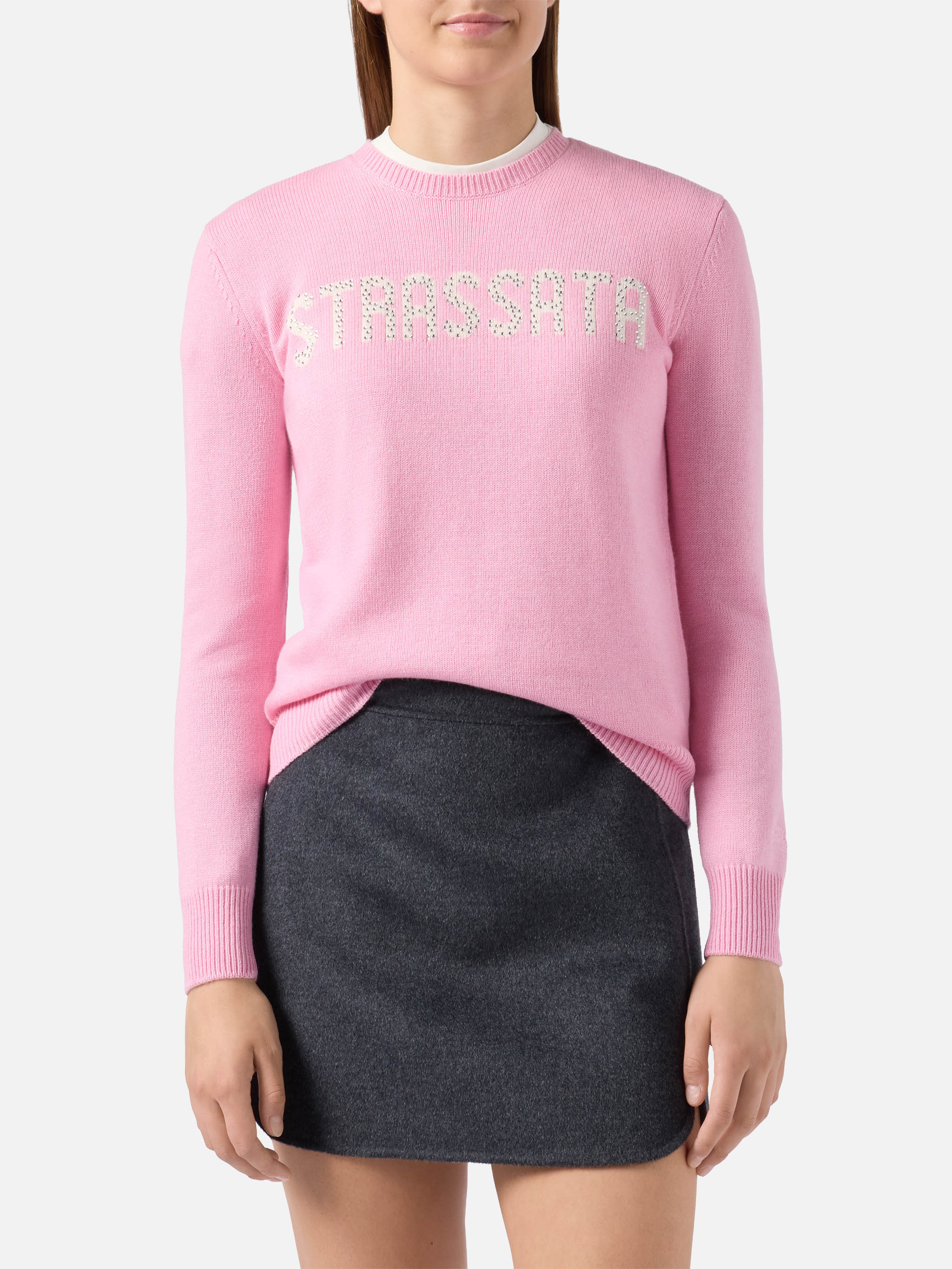 New Queen Cashmere-Blend Sweater Pink With Strassata Rhinestone Appliqué