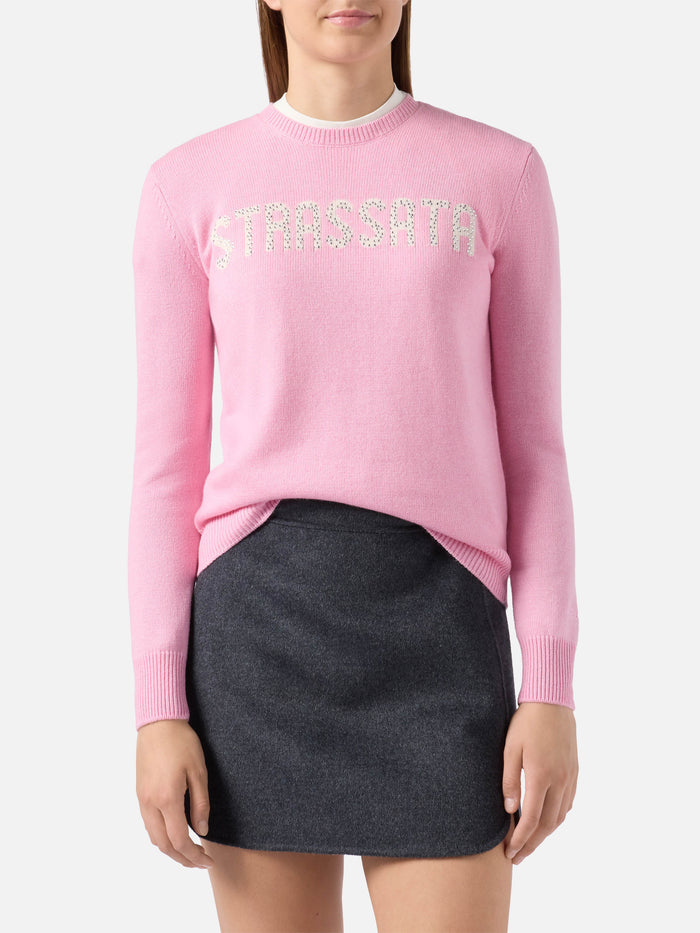 New Queen Cashmere-Blend Sweater Pink With Strassata Rhinestone Appliqué