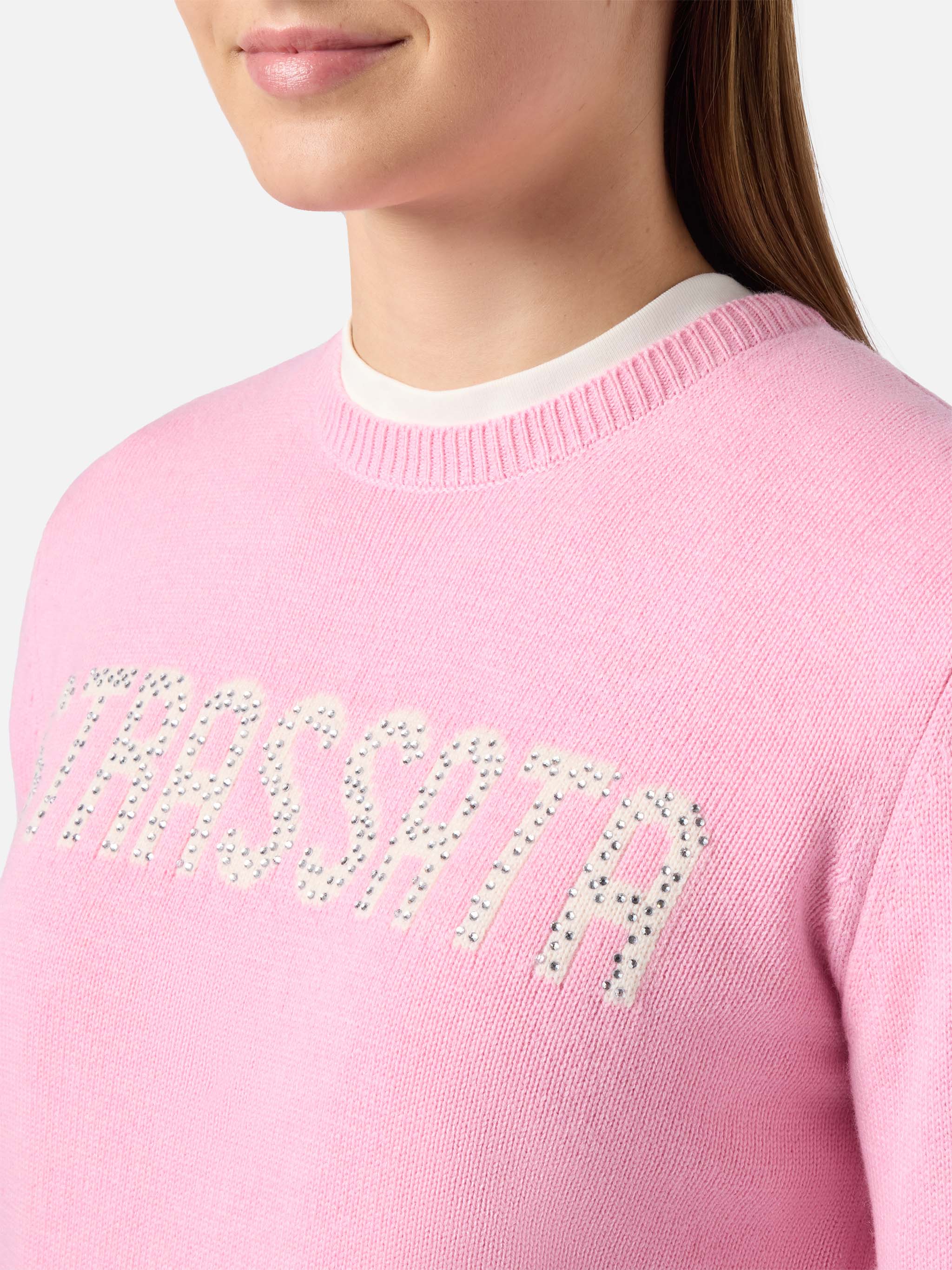 New Queen Cashmere-Blend Sweater Pink With Strassata Rhinestone Appliqué