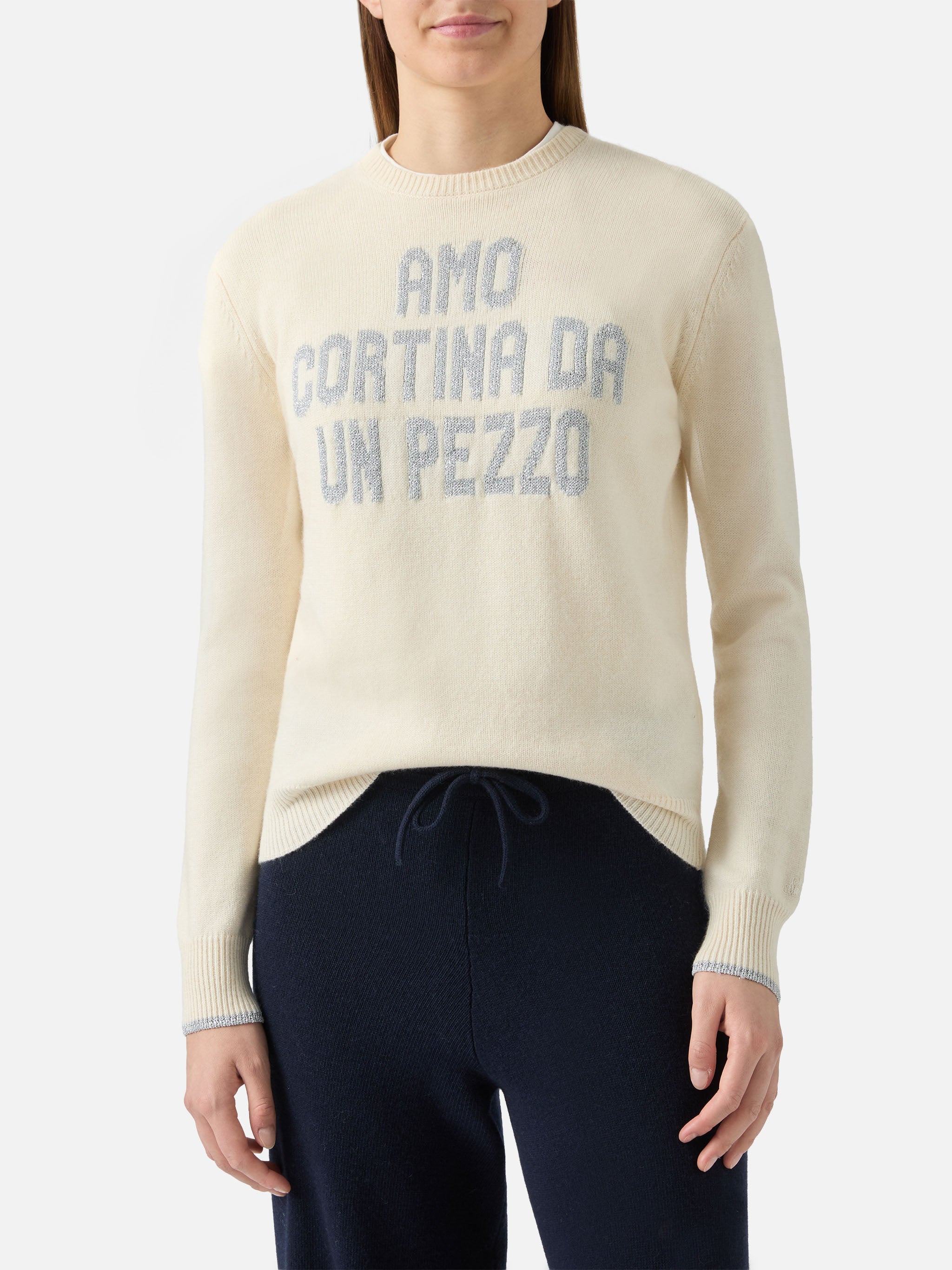 New Queen Crewneck White With Amo Cortina Da Un Pezzo Lurex Jacquard