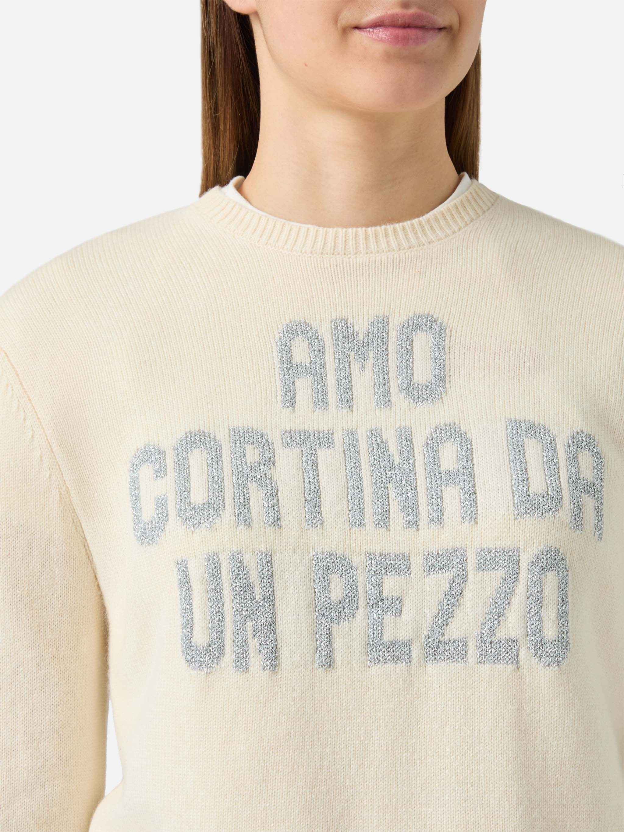 New Queen Crewneck White With Amo Cortina Da Un Pezzo Lurex Jacquard