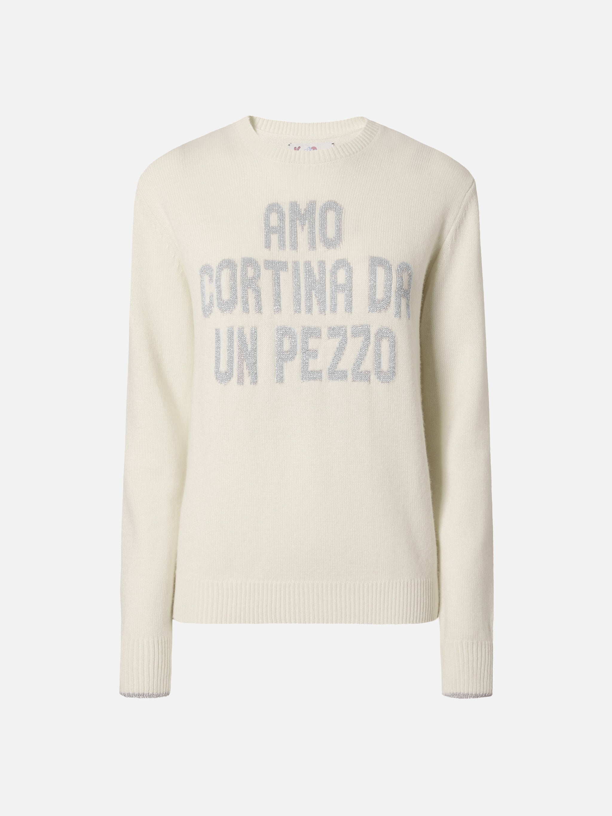 New Queen Crewneck White With Amo Cortina Da Un Pezzo Lurex Jacquard