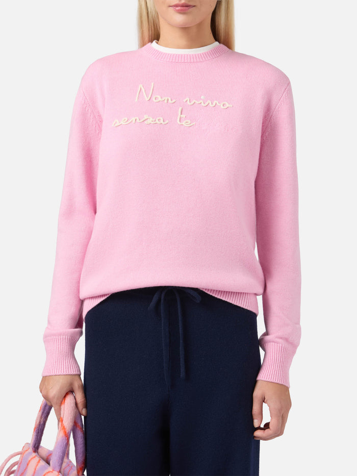 New Queen Cashmere-Blend Sweater Pink With Non Vivo Senza Te(lefono) Embroidery