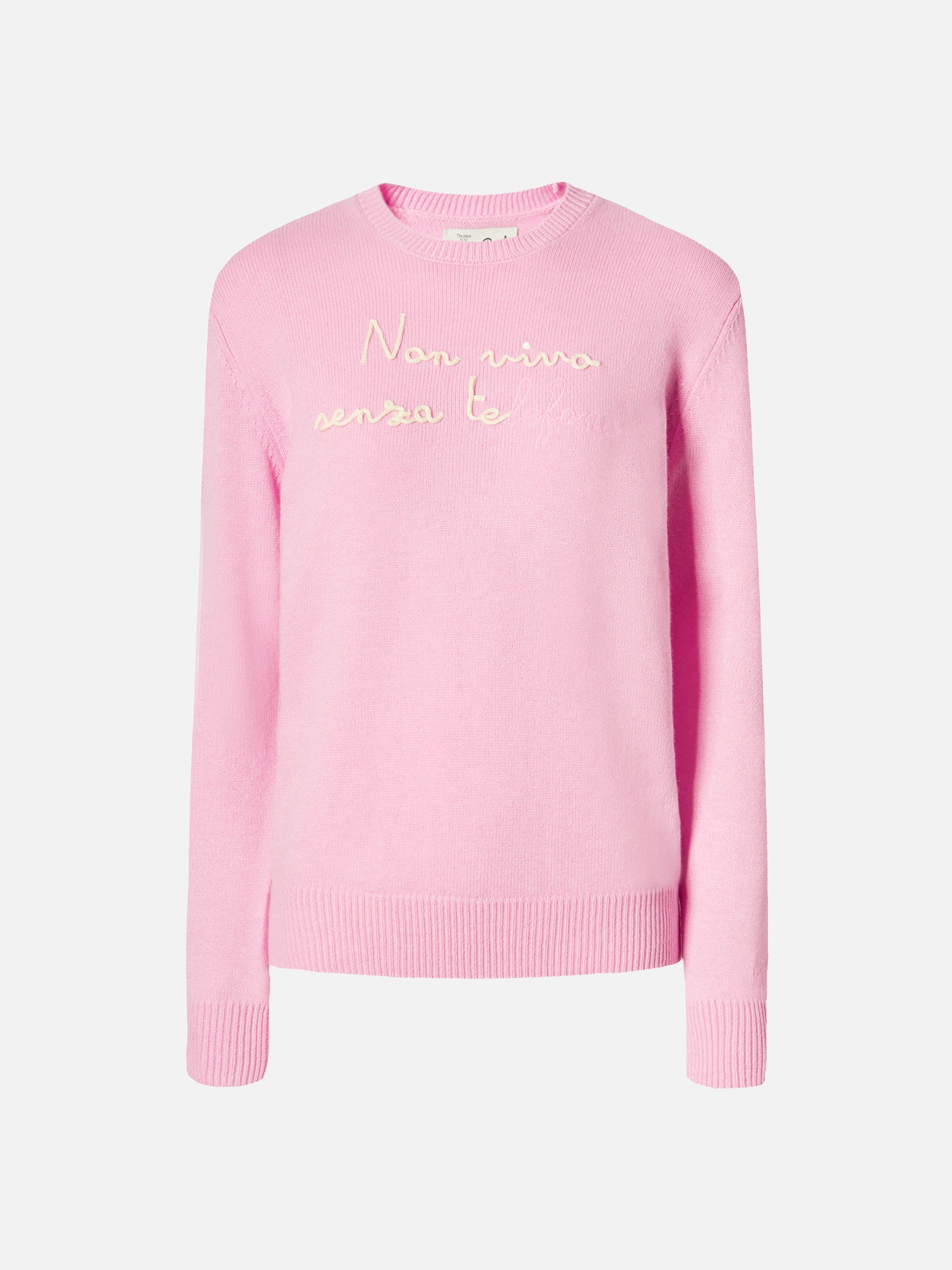 New Queen Cashmere-Blend Sweater Pink With Non Vivo Senza Te(lefono) Embroidery