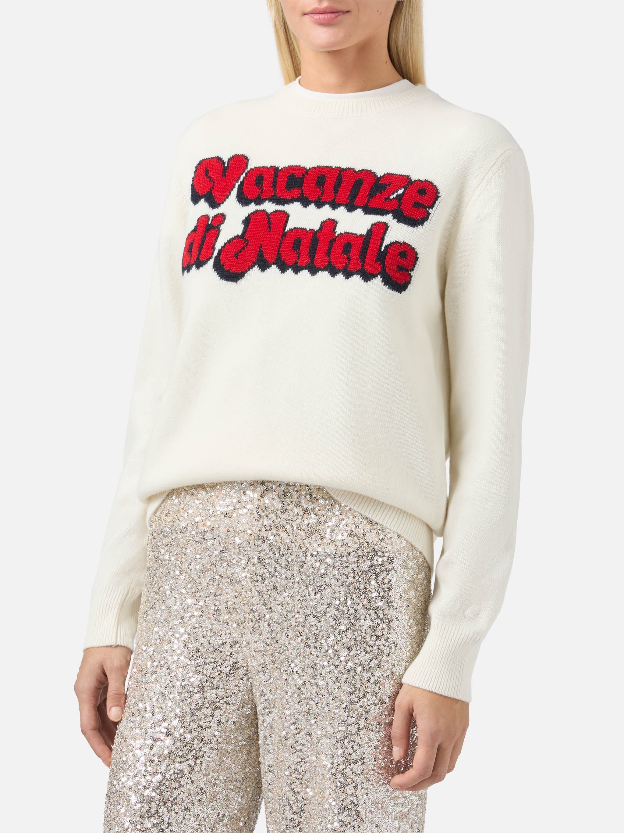 New Queen Cashmere-Blend Crewneck White With Vacanze Di Natale Jacquard | Special Edition