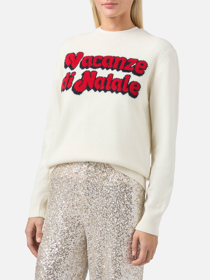 New Queen Cashmere-Blend Crewneck White With Vacanze Di Natale Jacquard | Special Edition