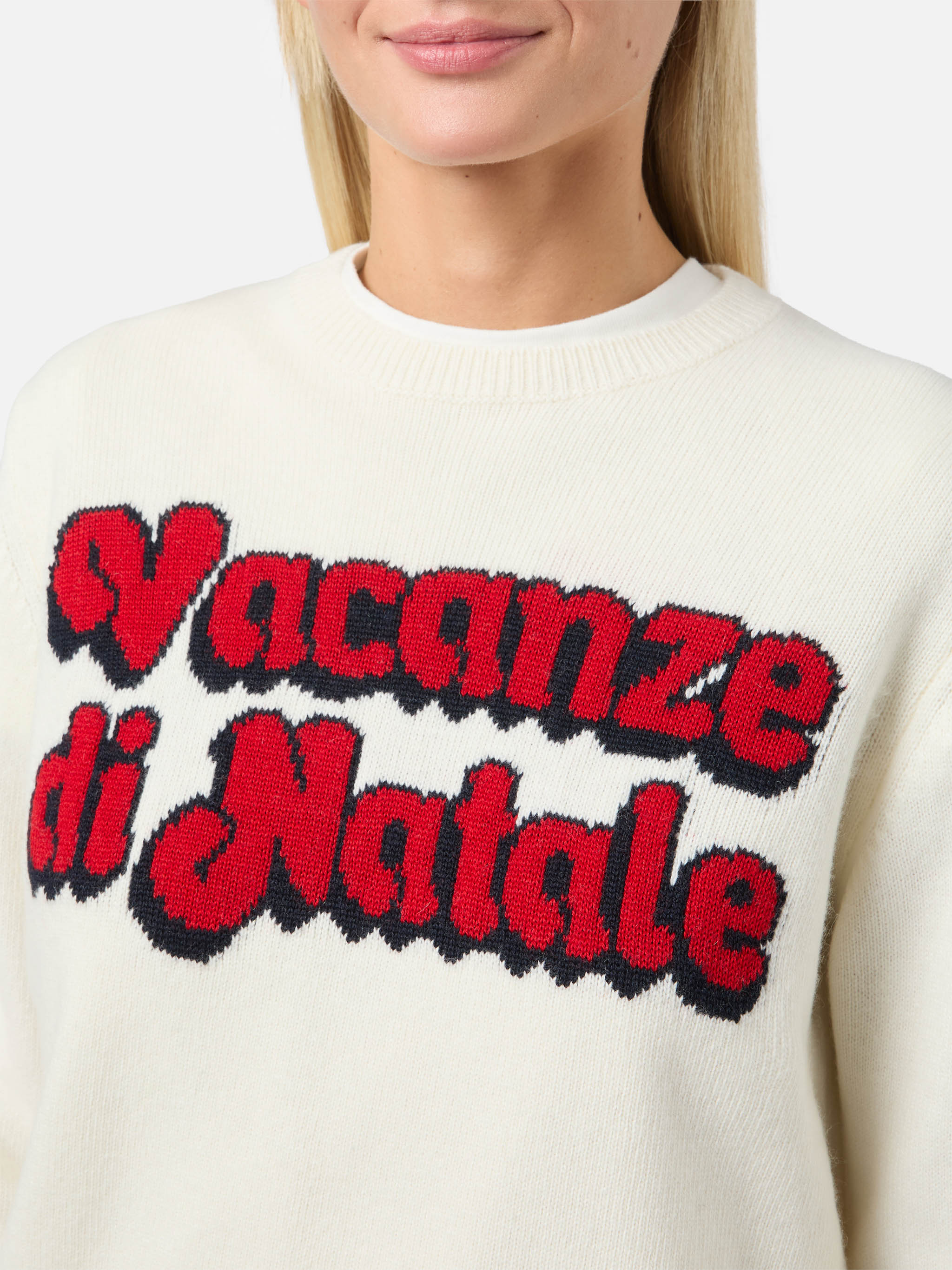 New Queen Cashmere-Blend Crewneck White With Vacanze Di Natale Jacquard | Special Edition