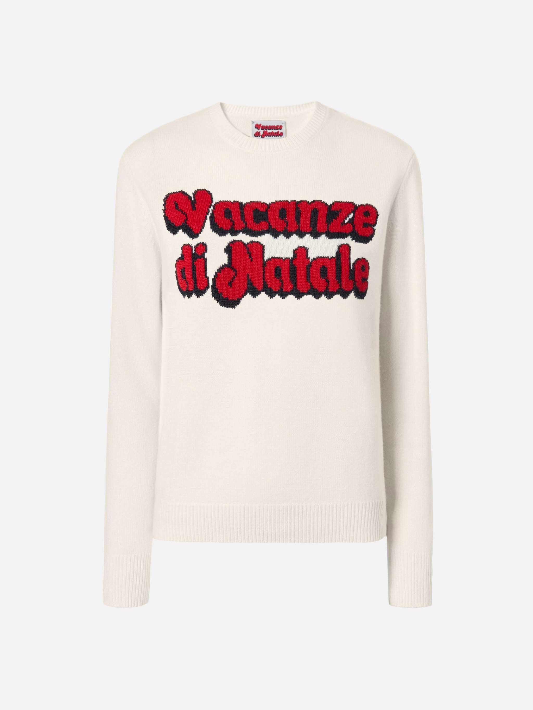 New Queen Cashmere-Blend Crewneck White With Vacanze Di Natale Jacquard | Special Edition