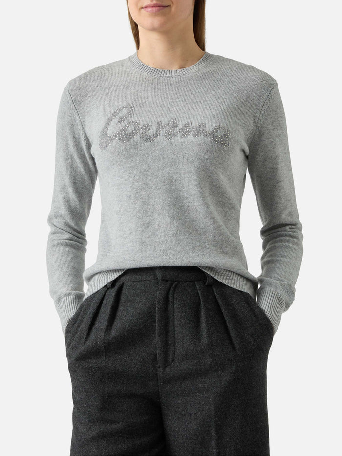 New Queen Crewneck With Courma Rhinestone Embellishment Grey