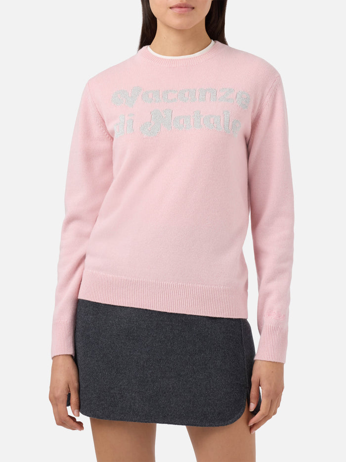 New Queen Cashmere-Blend Crewneck Pink With Vacanze Di Natale Lurex Jacquard | Special Edition
