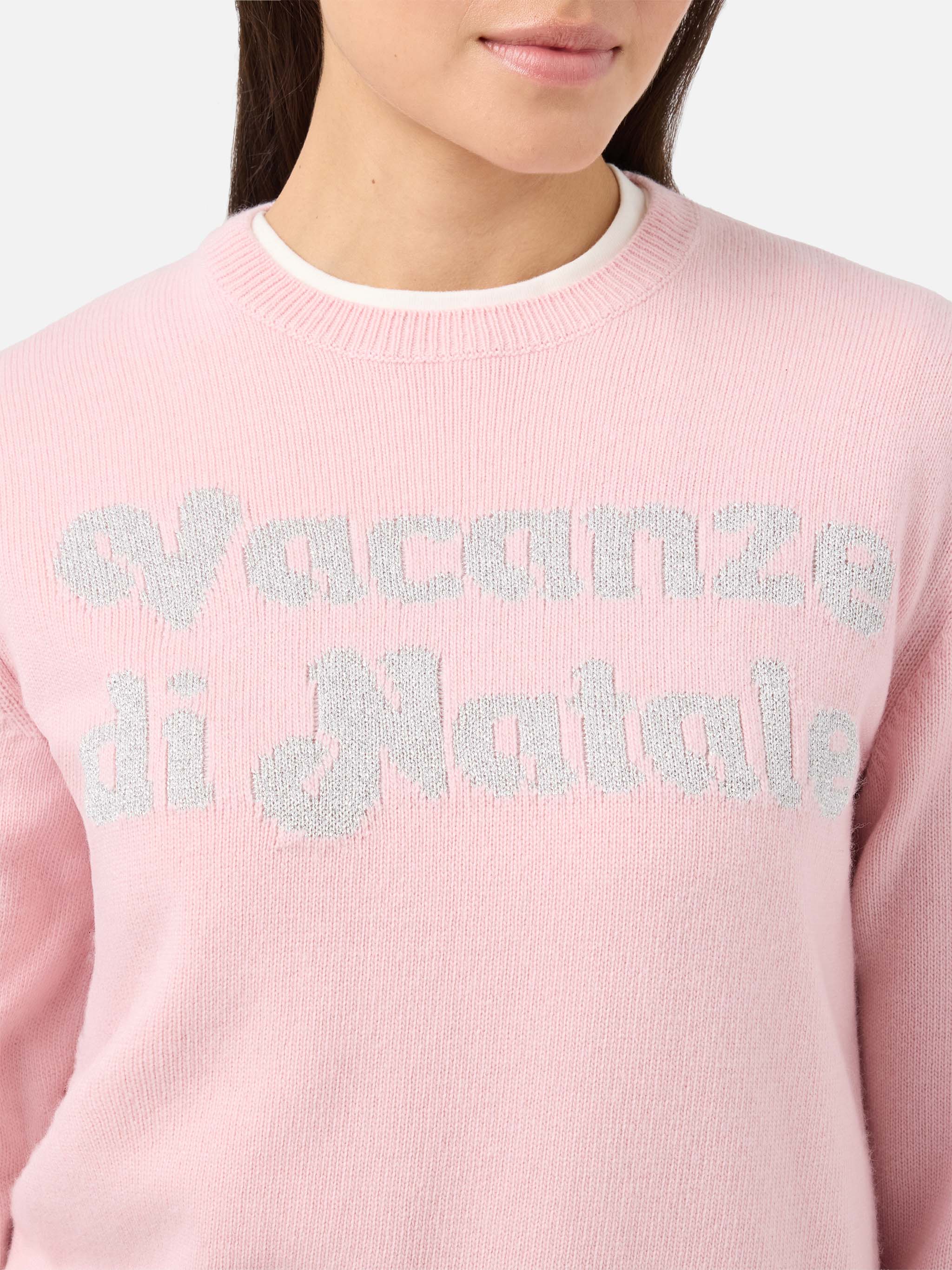 New Queen Cashmere-Blend Crewneck Pink With Vacanze Di Natale Lurex Jacquard | Special Edition