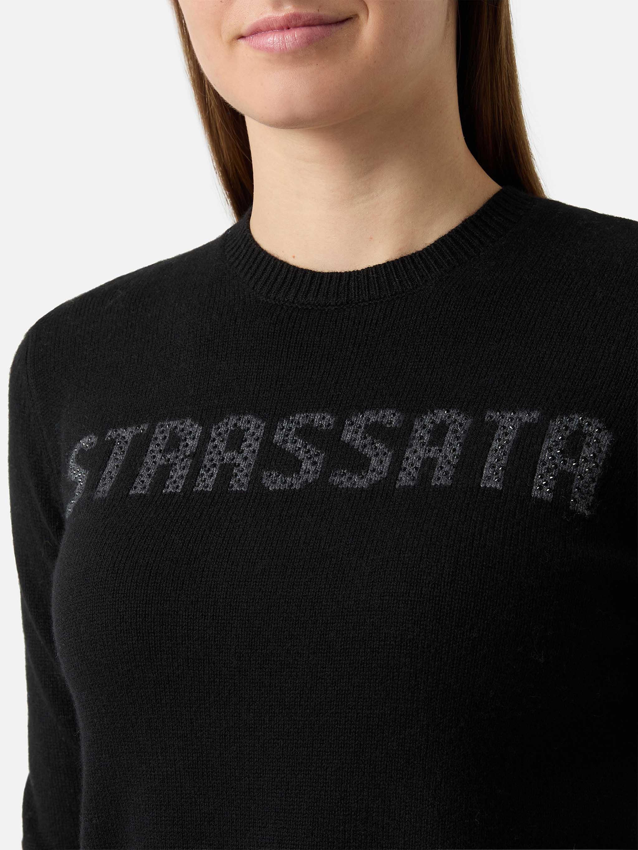 New Queen Crewneck White With Strassata Rhinestone Embellishment Black