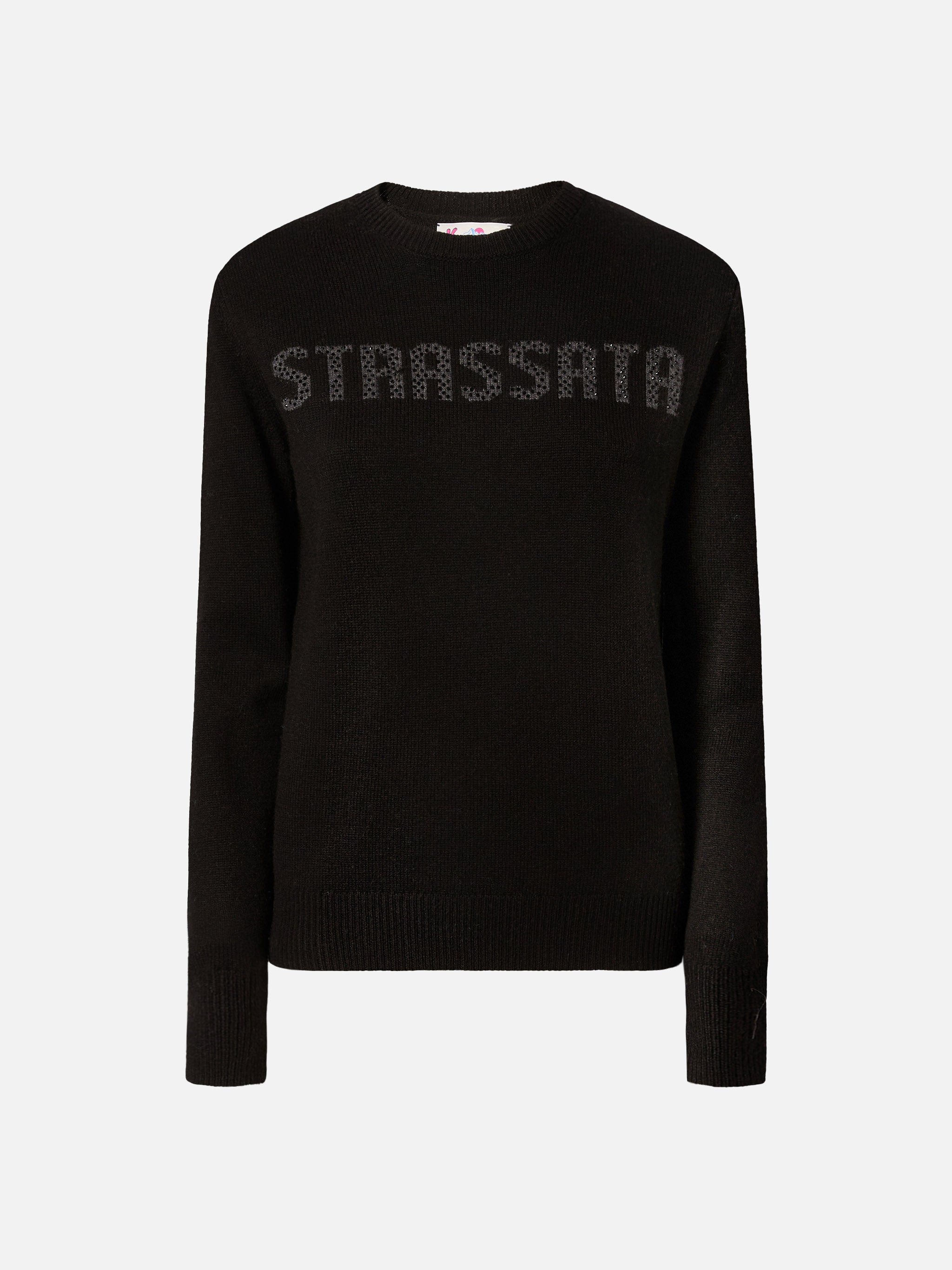 New Queen Crewneck White With Strassata Rhinestone Embellishment Black