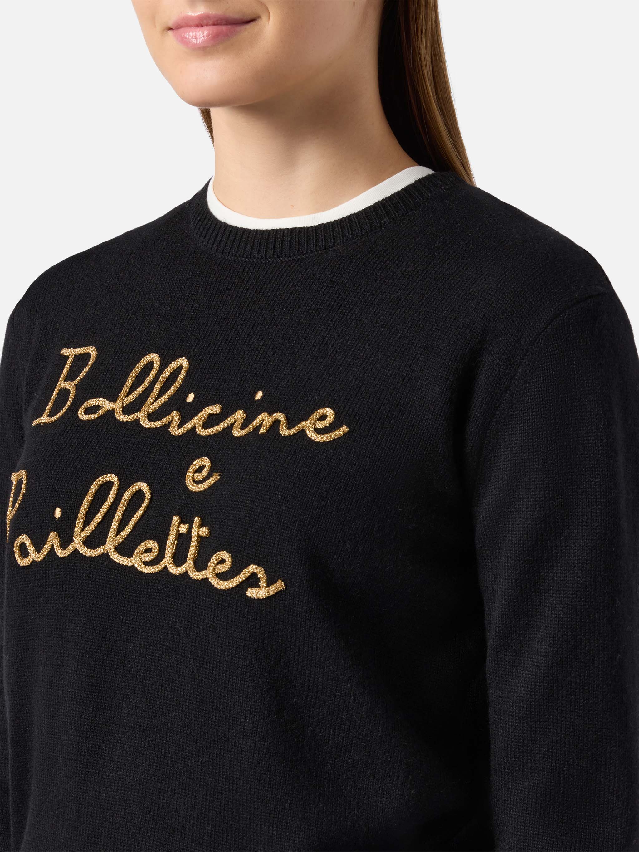 New Queen Cashmere-Blend Sweater Black With Bollicine E Pailettes Embroidery