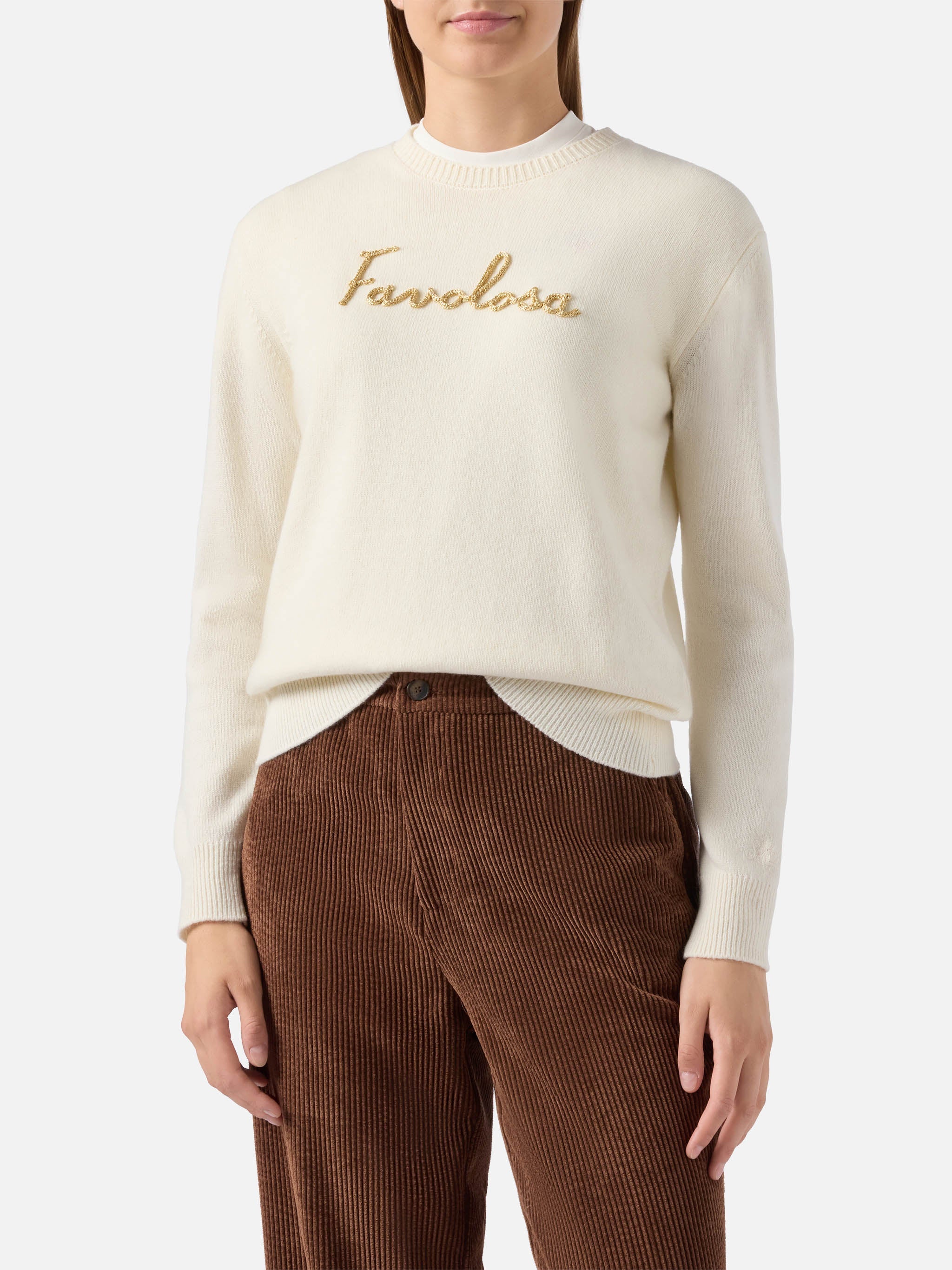 New Queen Cashmere-Blend Sweater White With Favolosa Lurex Embroidery