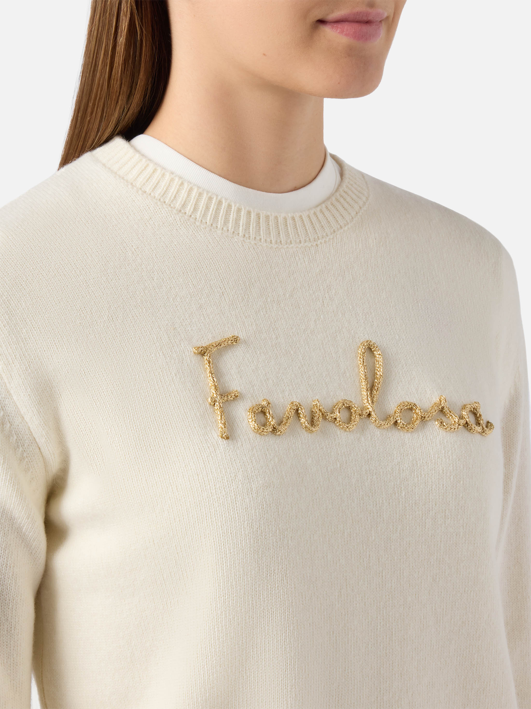 New Queen Cashmere-Blend Sweater White With Favolosa Lurex Embroidery