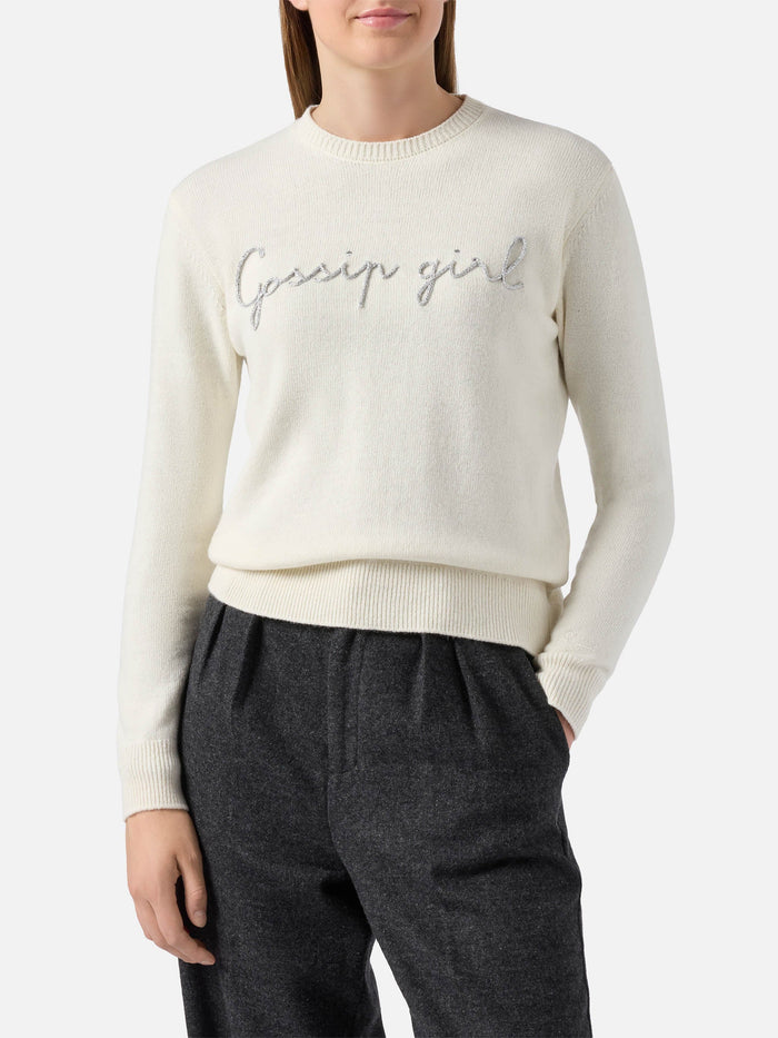 New Queen Cashmere-Blend Sweater White With Gossip Girl Lurex Embroidery