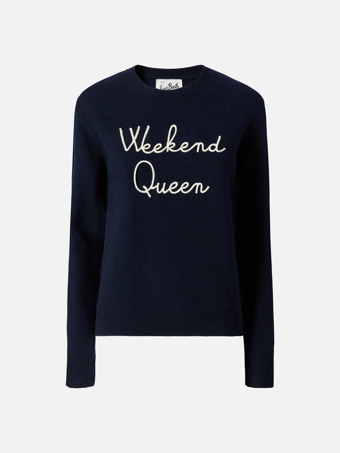 New Queen Cashmere-Blend Sweater Blue With Weekend Embroidery