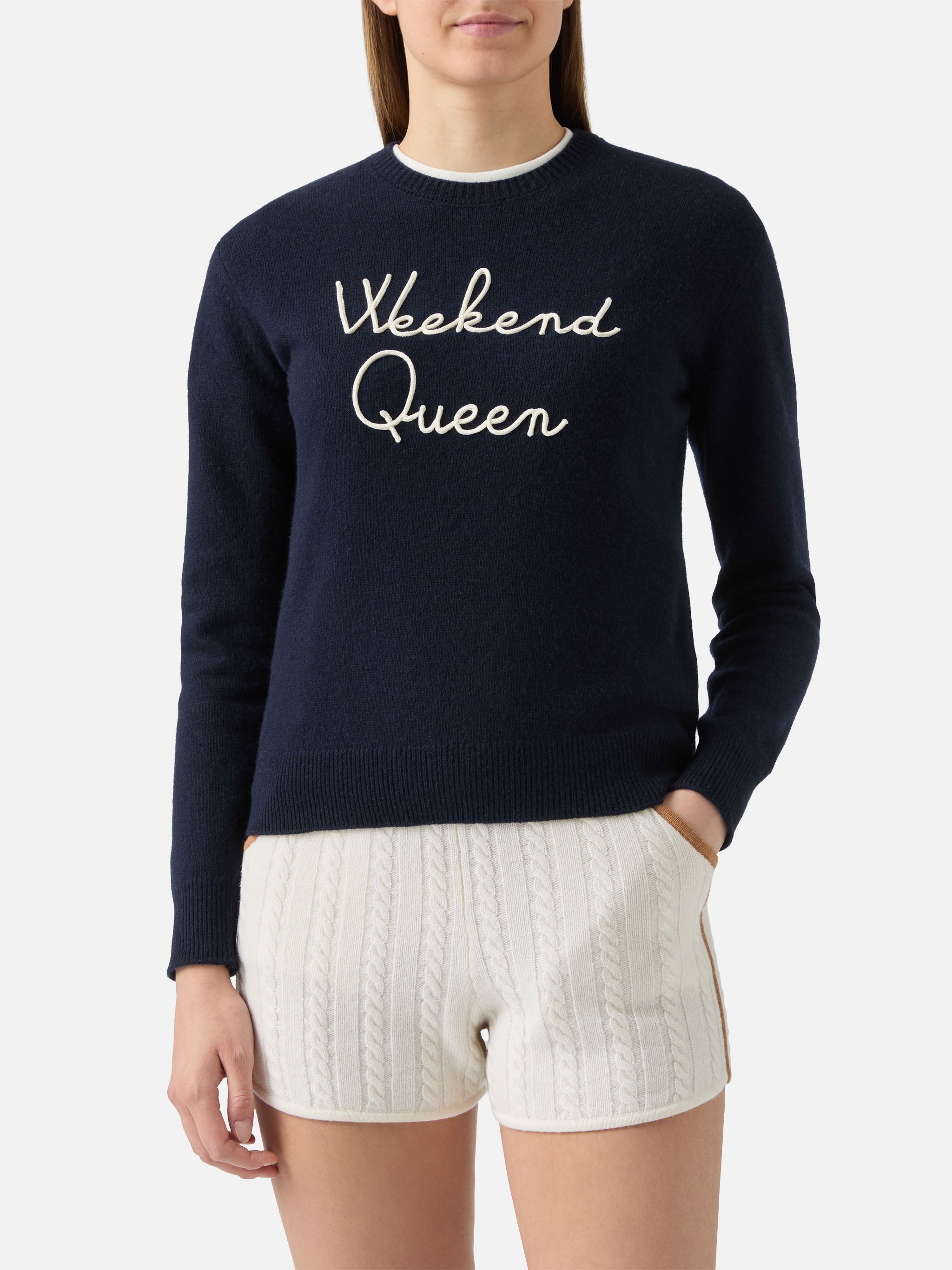 New Queen Cashmere-Blend Sweater Blue With Weekend Embroidery