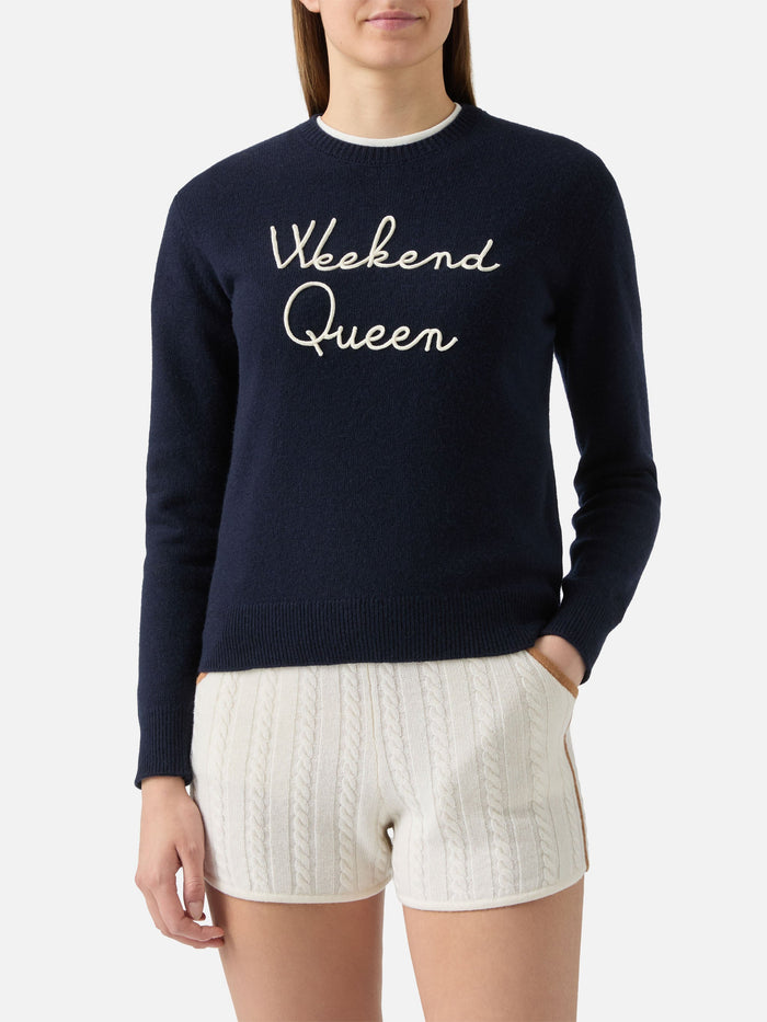 New Queen Cashmere-Blend Sweater Blue With Weekend Embroidery