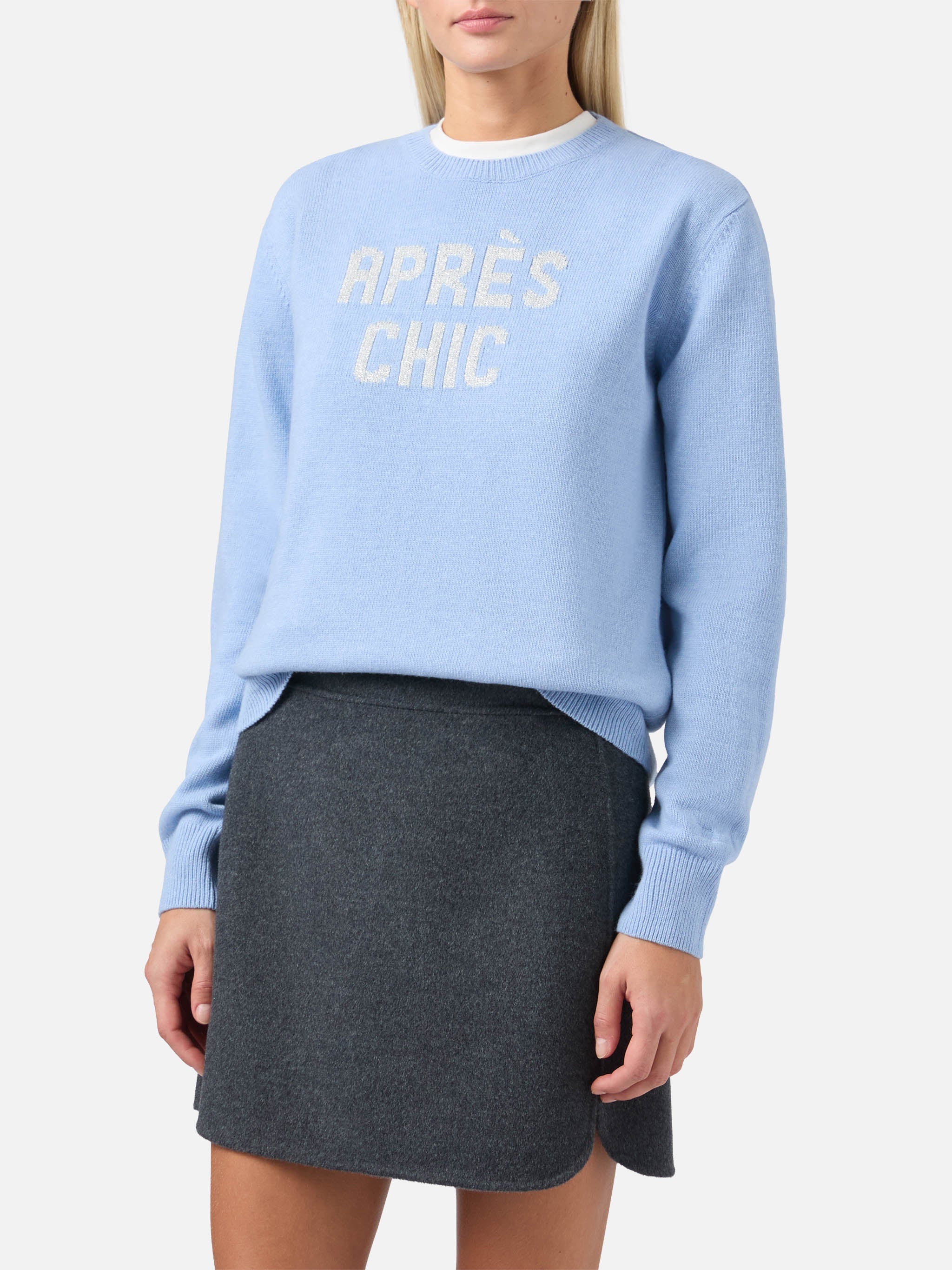 New Queen Cashmere-Blend Sweater Light Blue With Après Chic Jacquard Sky