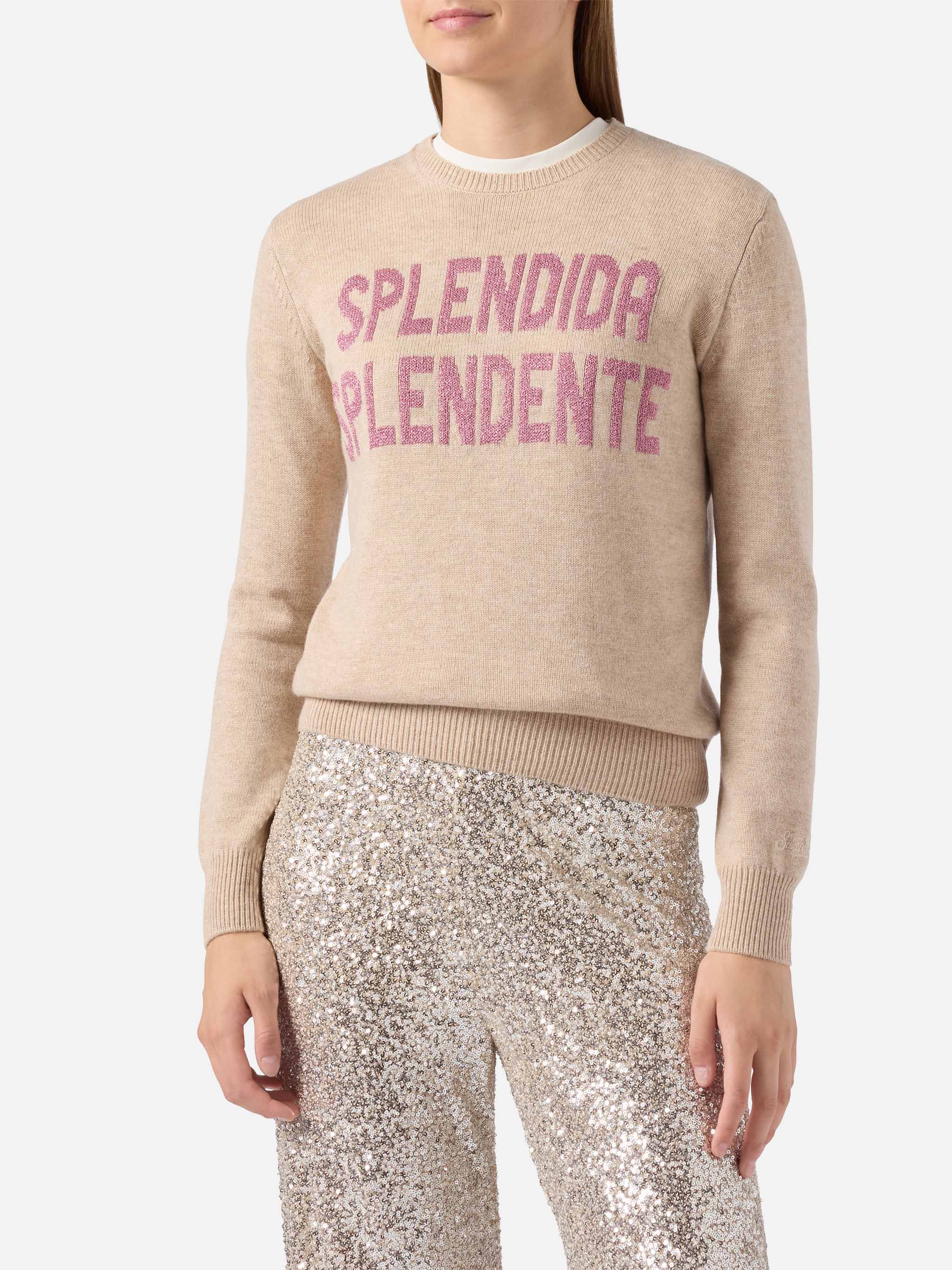 New Queen Cashmere-Blend Sweater White With Splendida Splendente Lurex Jacquard Brown