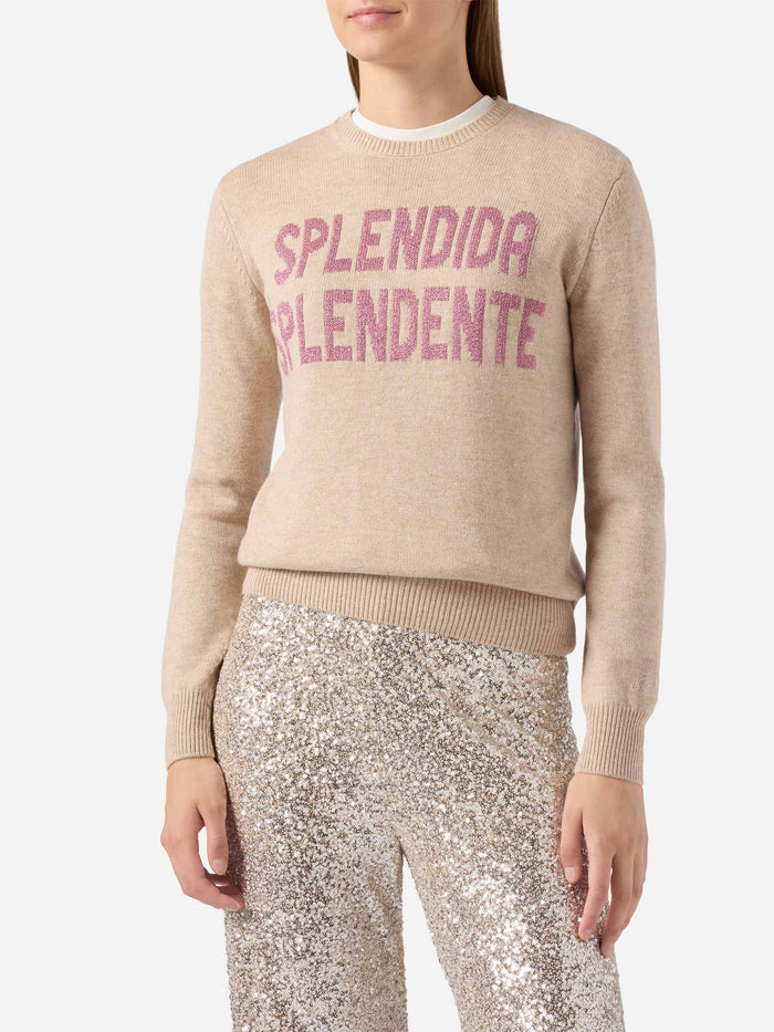New Queen Cashmere-Blend Sweater White With Splendida Splendente Lurex Jacquard Brown