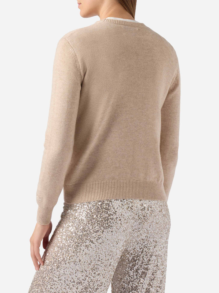 New Queen Cashmere-Blend Sweater White With Splendida Splendente Lurex Jacquard Brown