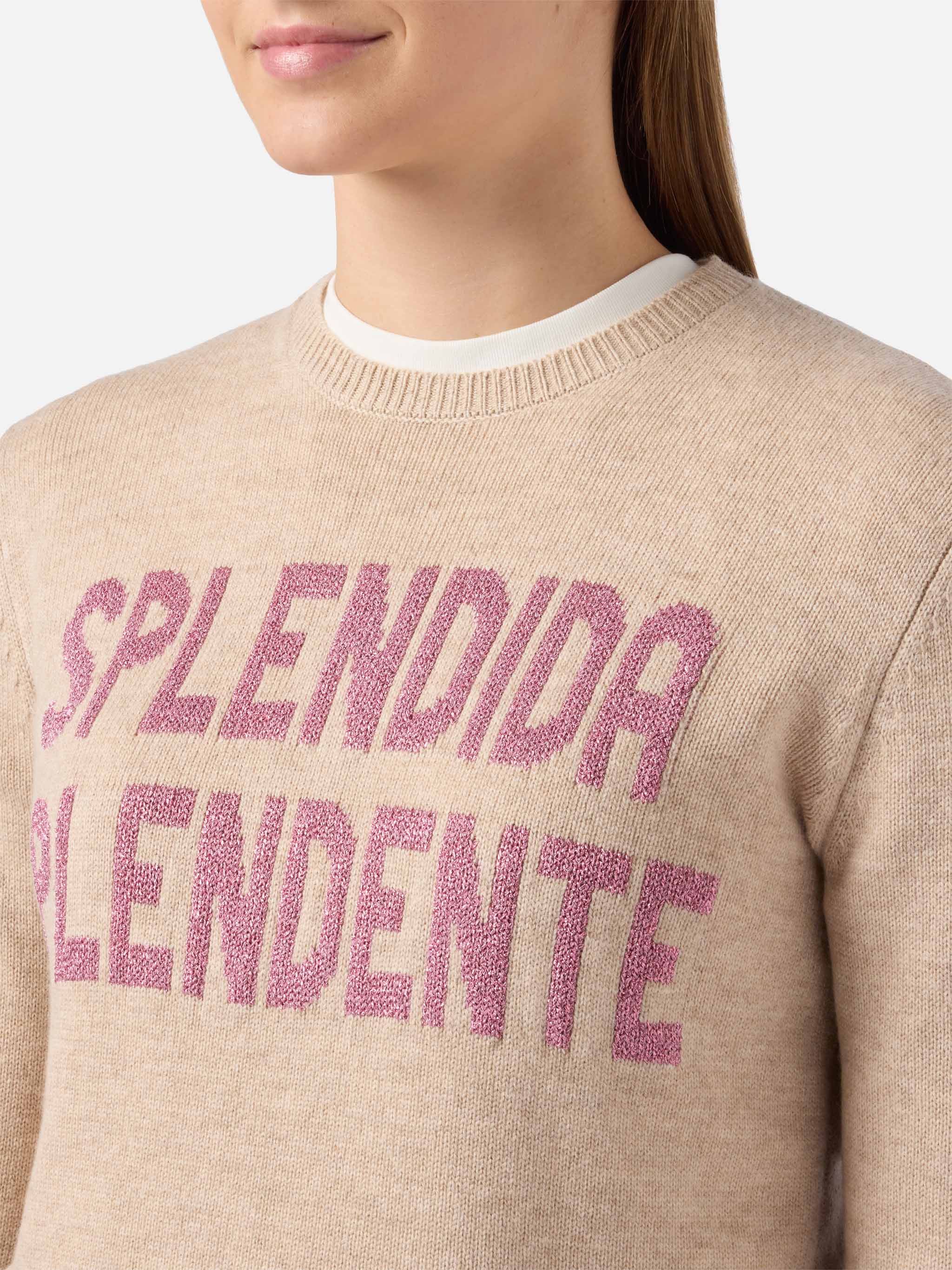 New Queen Cashmere-Blend Sweater White With Splendida Splendente Lurex Jacquard Brown