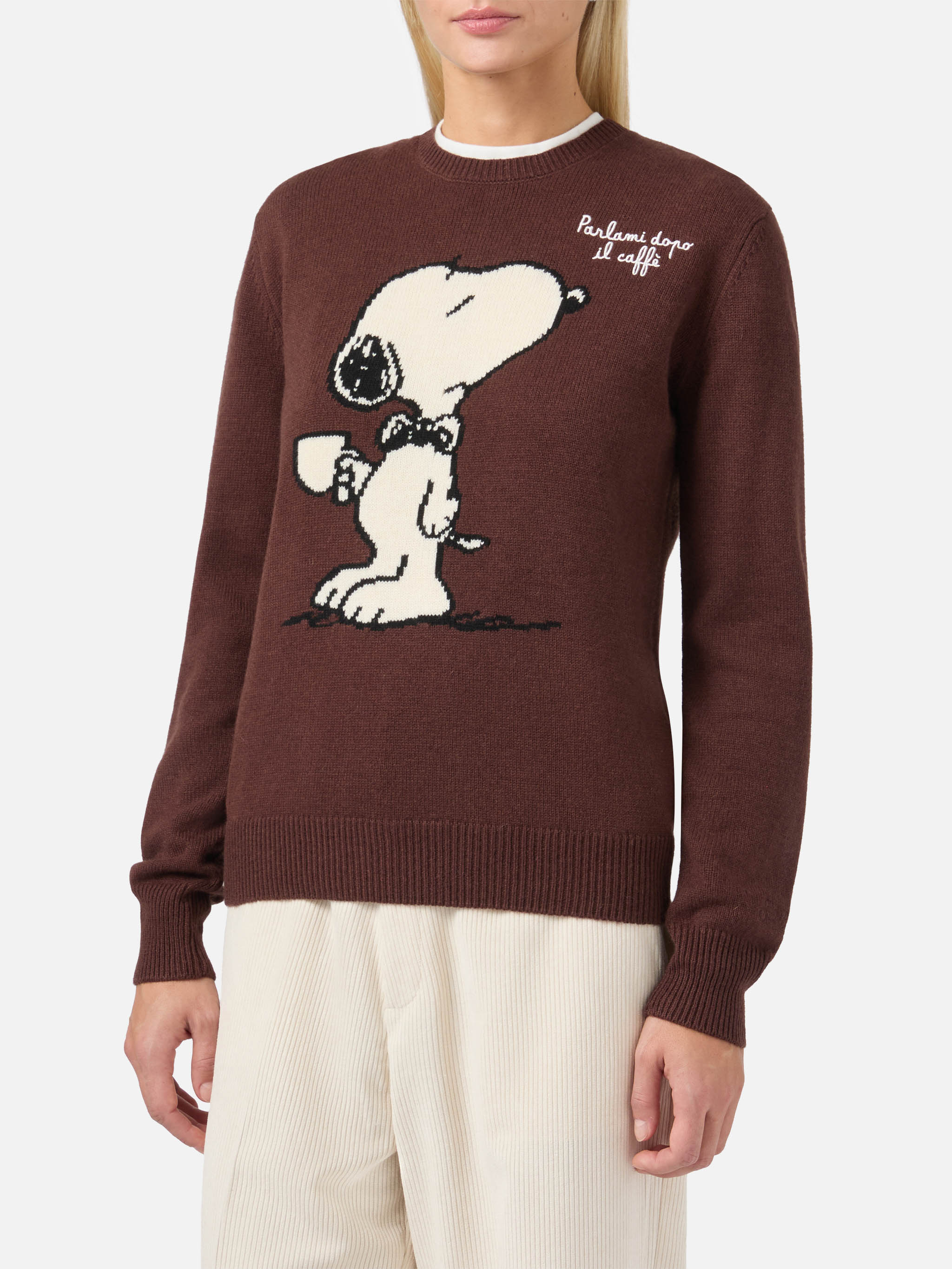 New Queen Cashmere-Blend Sweater Brown With Snoopy Jacquard And Embroidery | Peanuts Special Edition