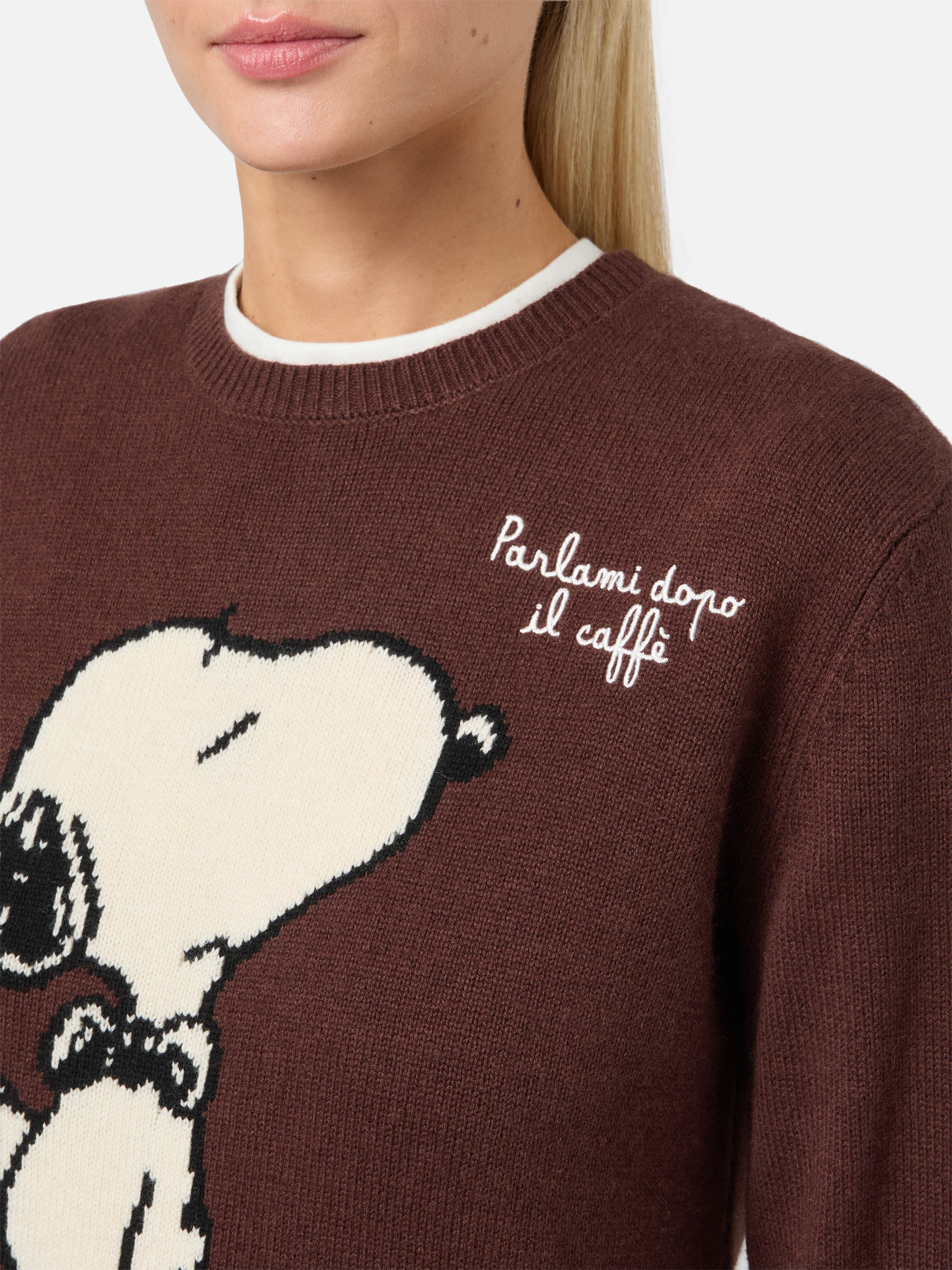 New Queen Cashmere-Blend Sweater Brown With Snoopy Jacquard And Embroidery | Peanuts Special Edition