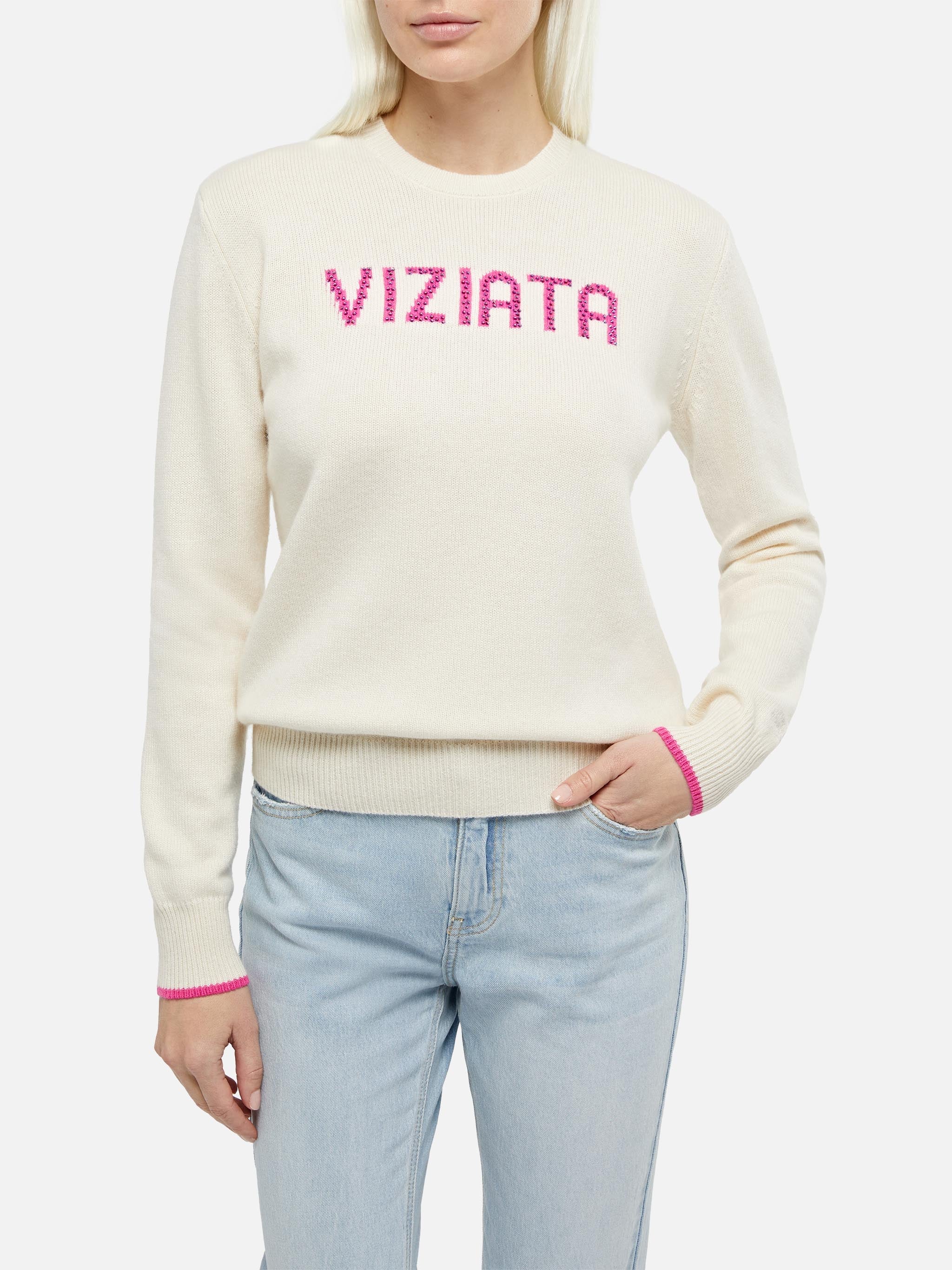Maglia New Queen Con Jacquard Viziata E Strass Bianca White Knitwear