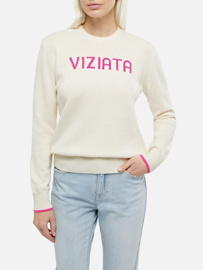 Maglia New Queen Con Jacquard Viziata E Strass Bianca White Knitwear