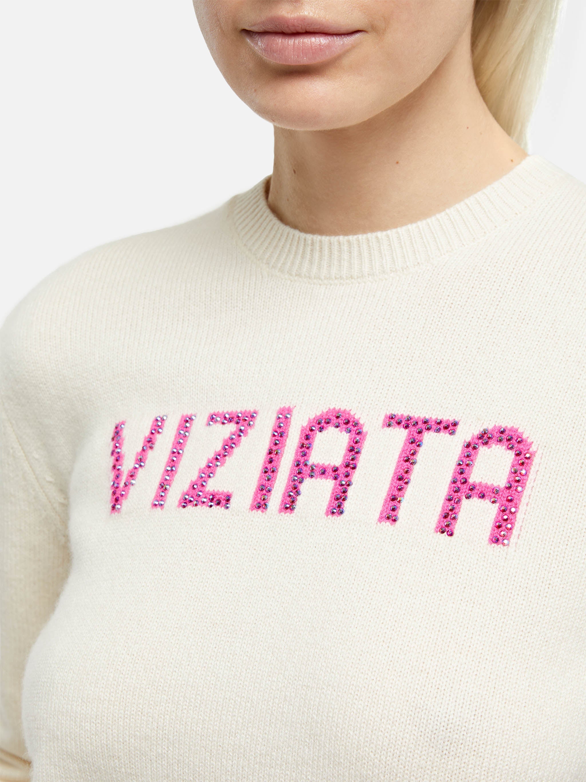 Maglia New Queen Con Jacquard Viziata E Strass Bianca White Knitwear