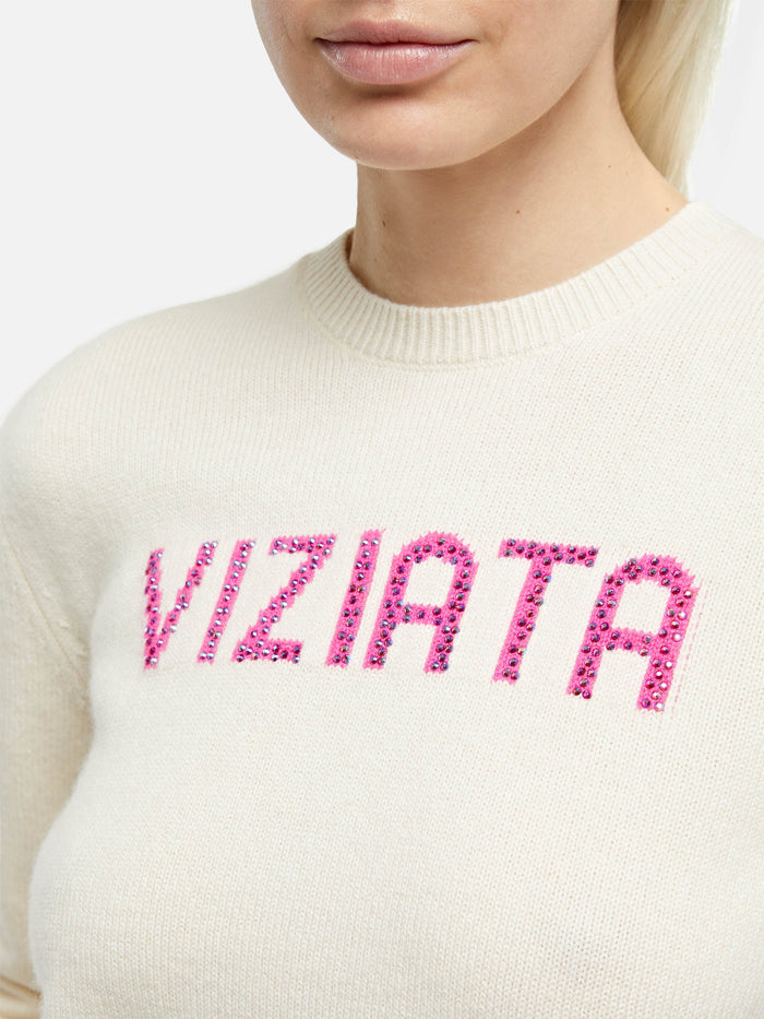 Maglia New Queen Con Jacquard Viziata E Strass Bianca White Knitwear