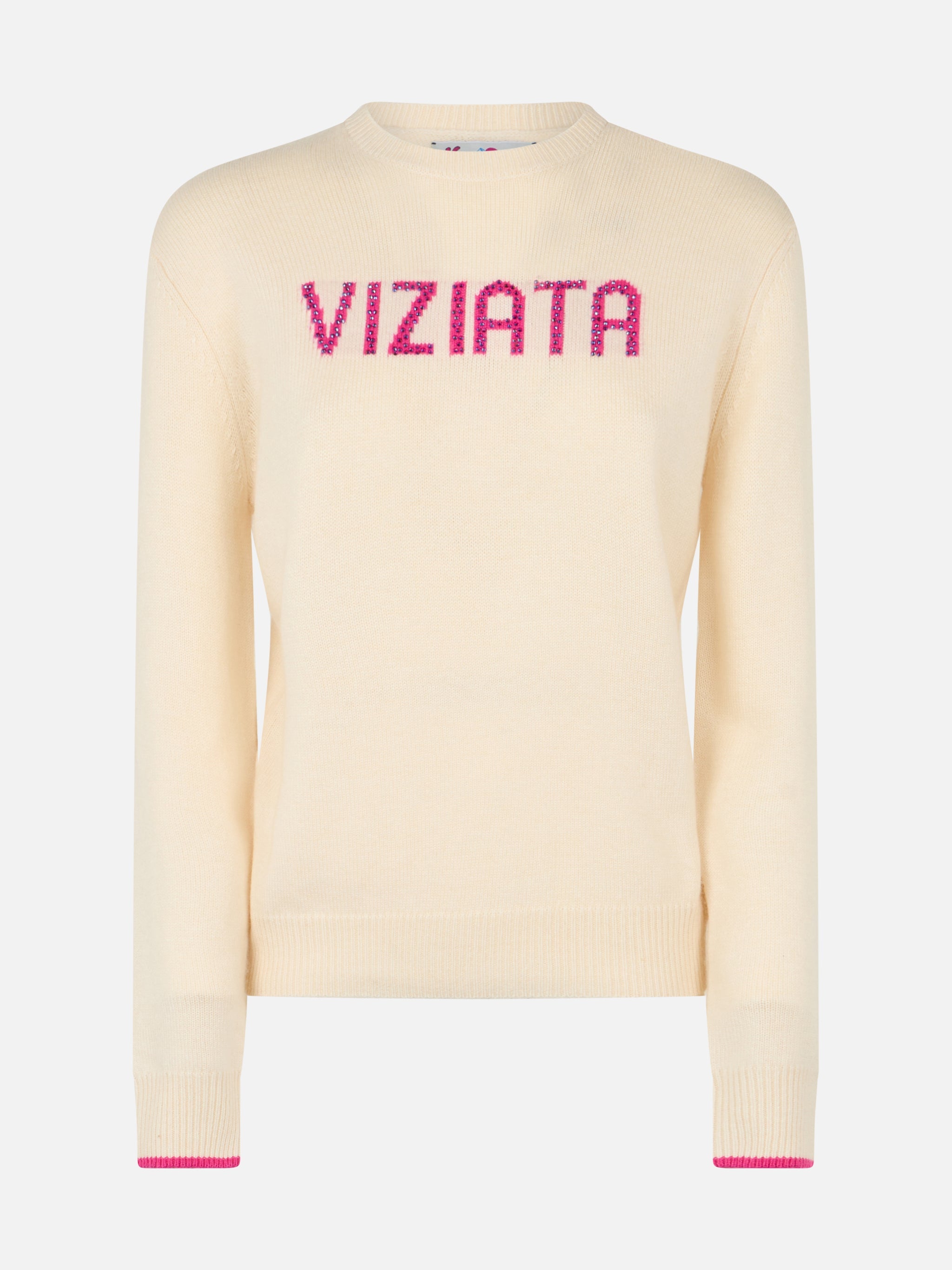 Maglia New Queen Con Jacquard Viziata E Strass Bianca White Knitwear