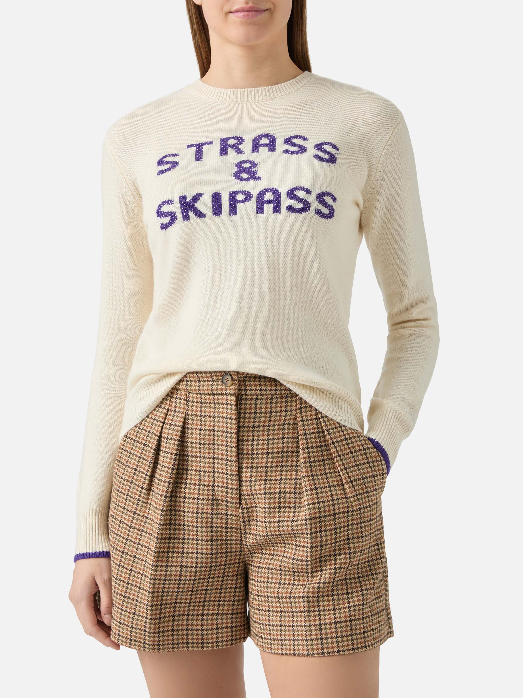 New Queen Crewneck White With Strass & Skipass Rhinestone Embellishment