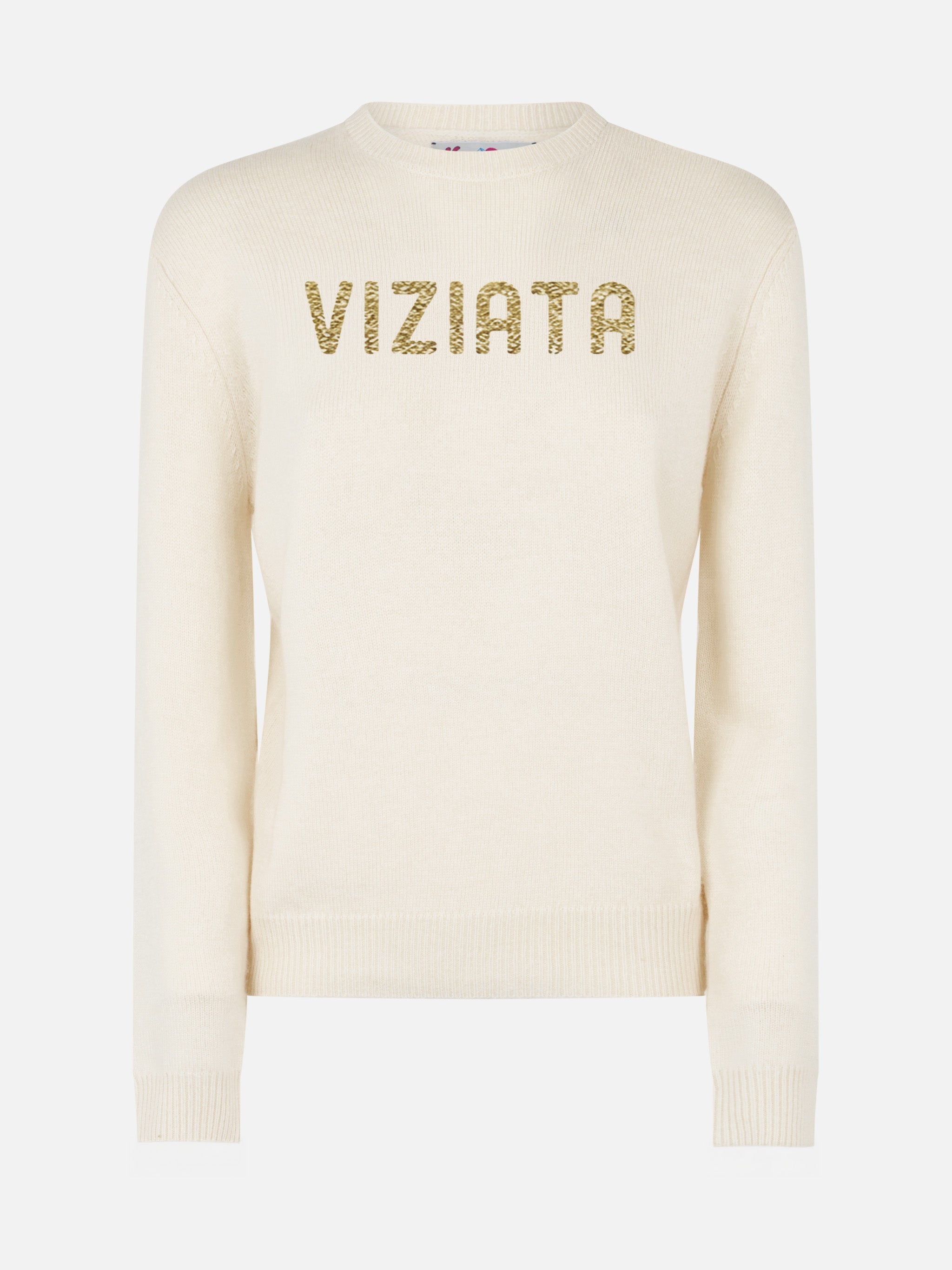 New Queen Crewneck With Viziata Lurex Jacquard White