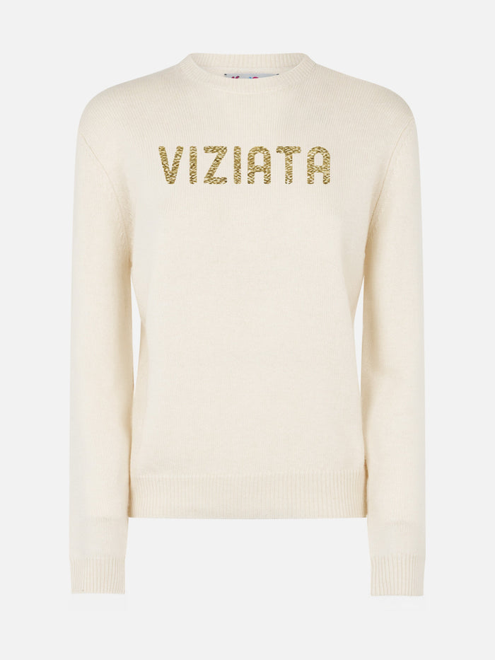 New Queen Crewneck With Viziata Lurex Jacquard White