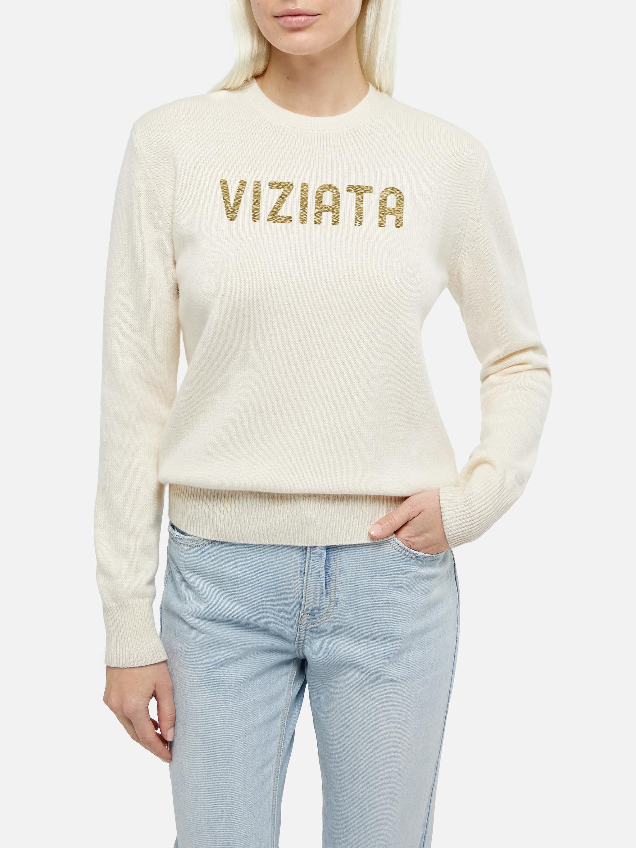 New Queen Crewneck With Viziata Lurex Jacquard White