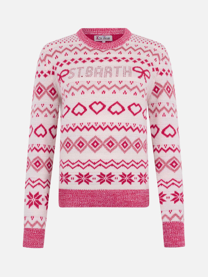 New Queen Sweater With Nordic Pattern And Rhinestone Logo Pink
