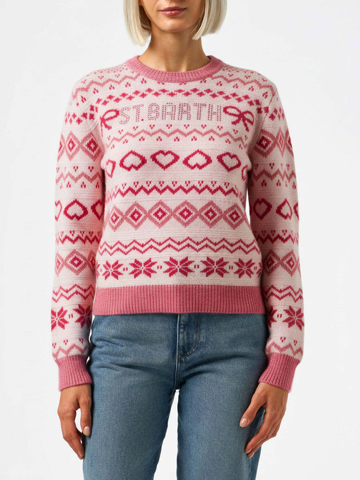 New Queen Sweater With Nordic Pattern And Rhinestone Logo Pink