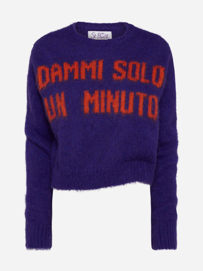 New Queen Purple Crop Crewneck Sweater With Dammi Solo Un Minuto Embroidery