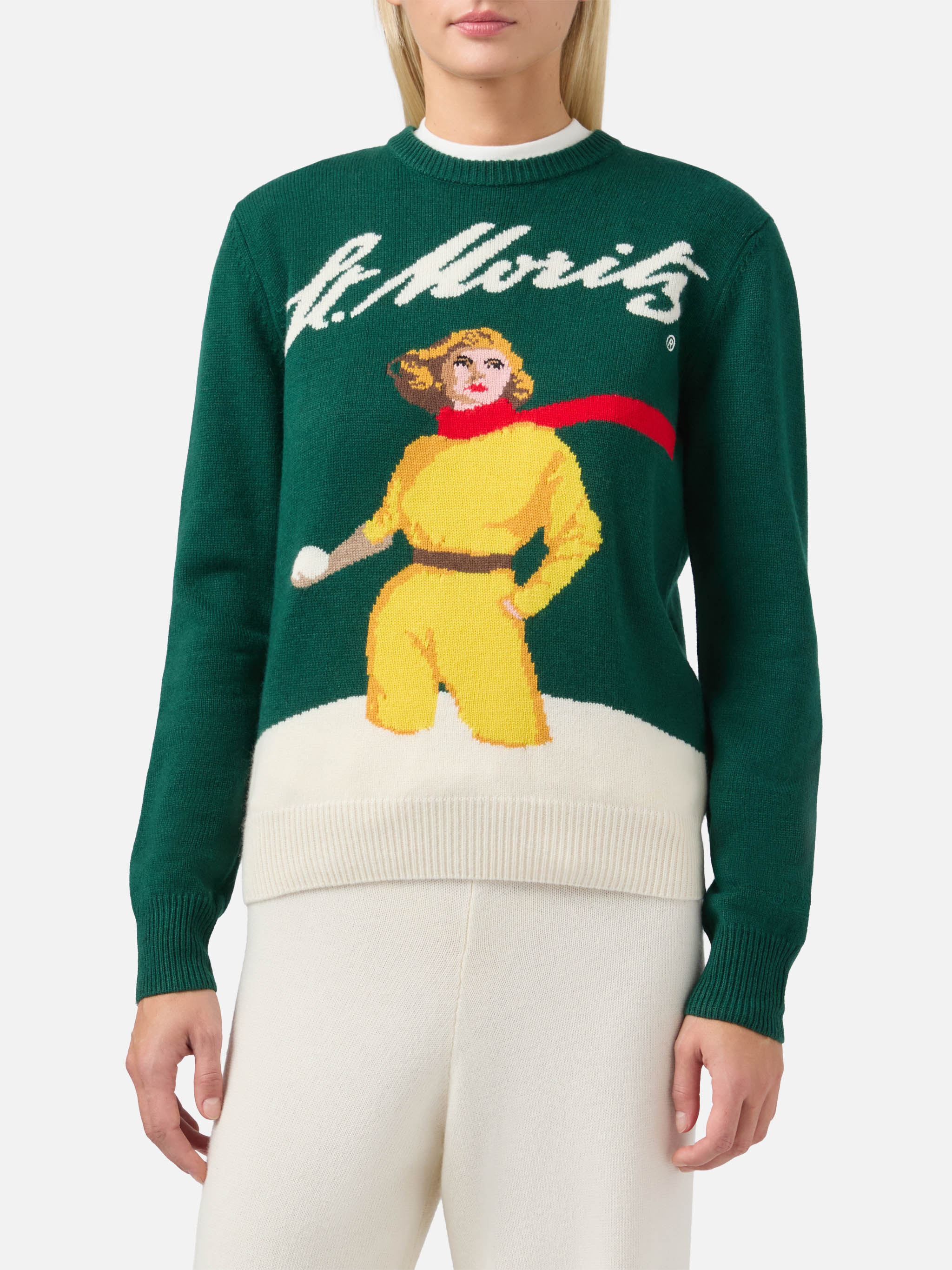 New Queen Cashmere-Blend Sweater Green With St. Moritz Postcard Jacquard | Special Edition