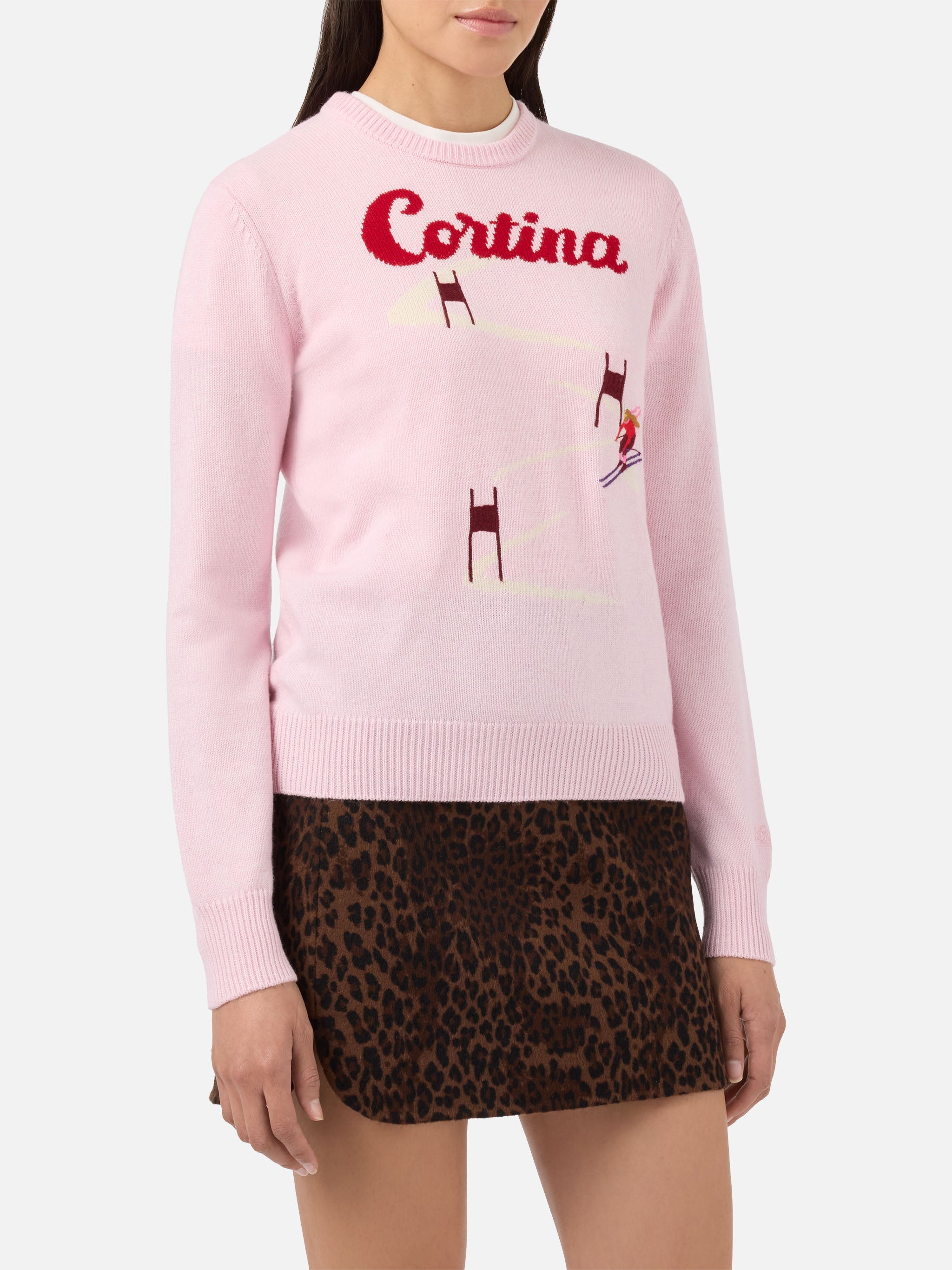 New Queen Cashmere-Blend Sweater Pink With Cortina Postcard Jacquard